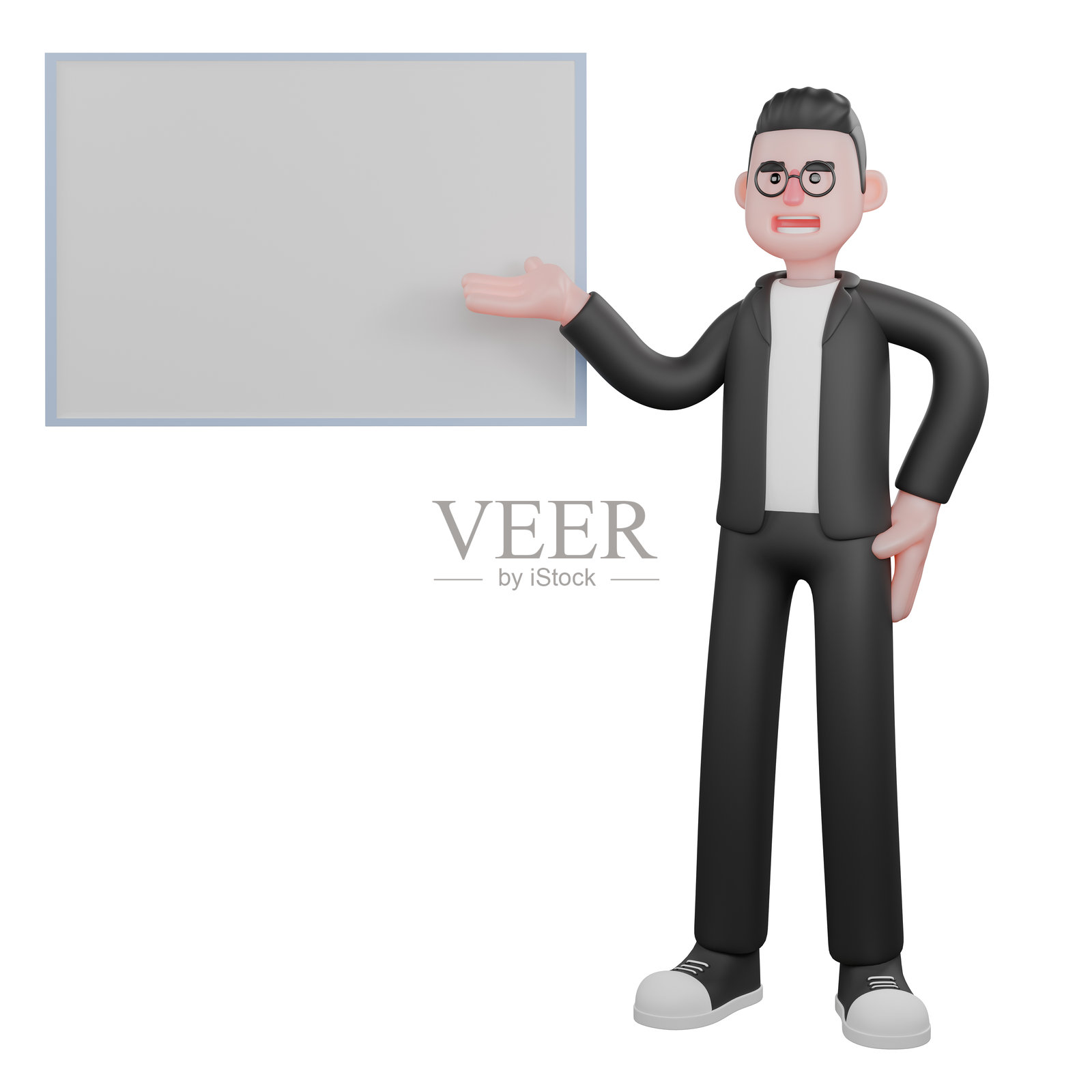 3D卡通编辑专家。一位男性编辑站在书写面板旁，右手指向黑板，左手叉腰。媒体控制场景照片摄影图片