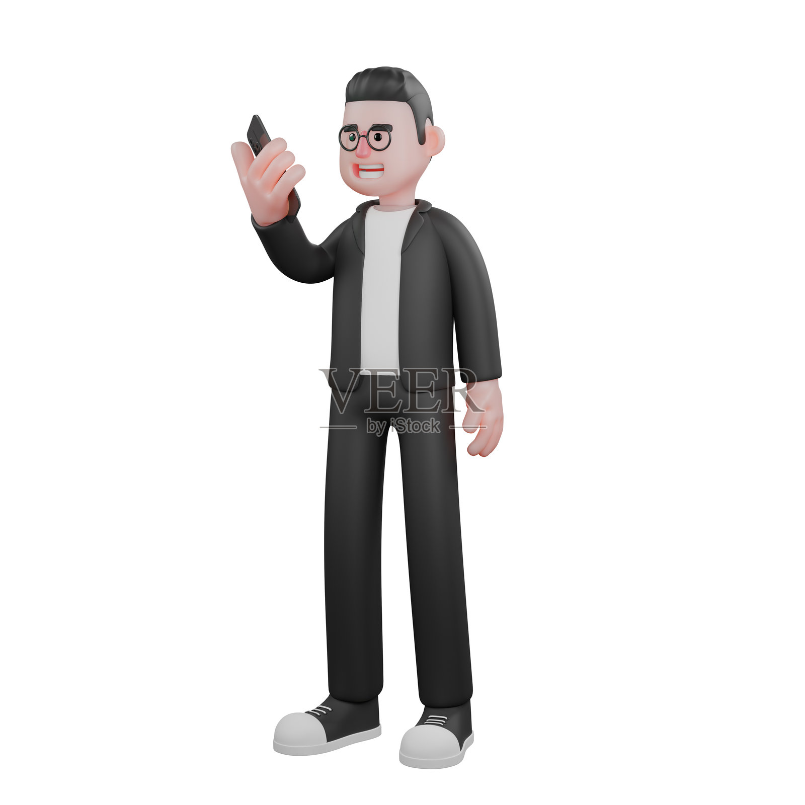 3D男性编辑的职业形象。一名男性编辑站立着看手机。编辑服务照片摄影图片