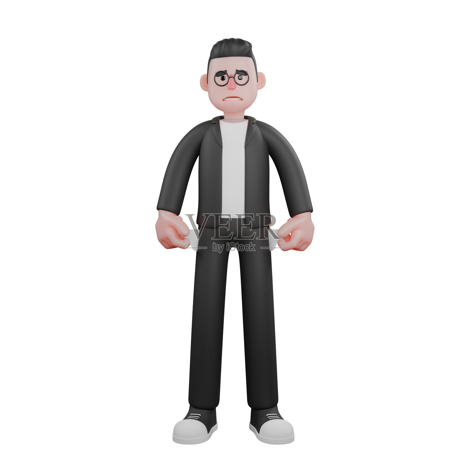 3D动画中的专业男性剪辑师。一位男性剪辑师站立，双手紧握成拳，略微张开。照片摄影图片