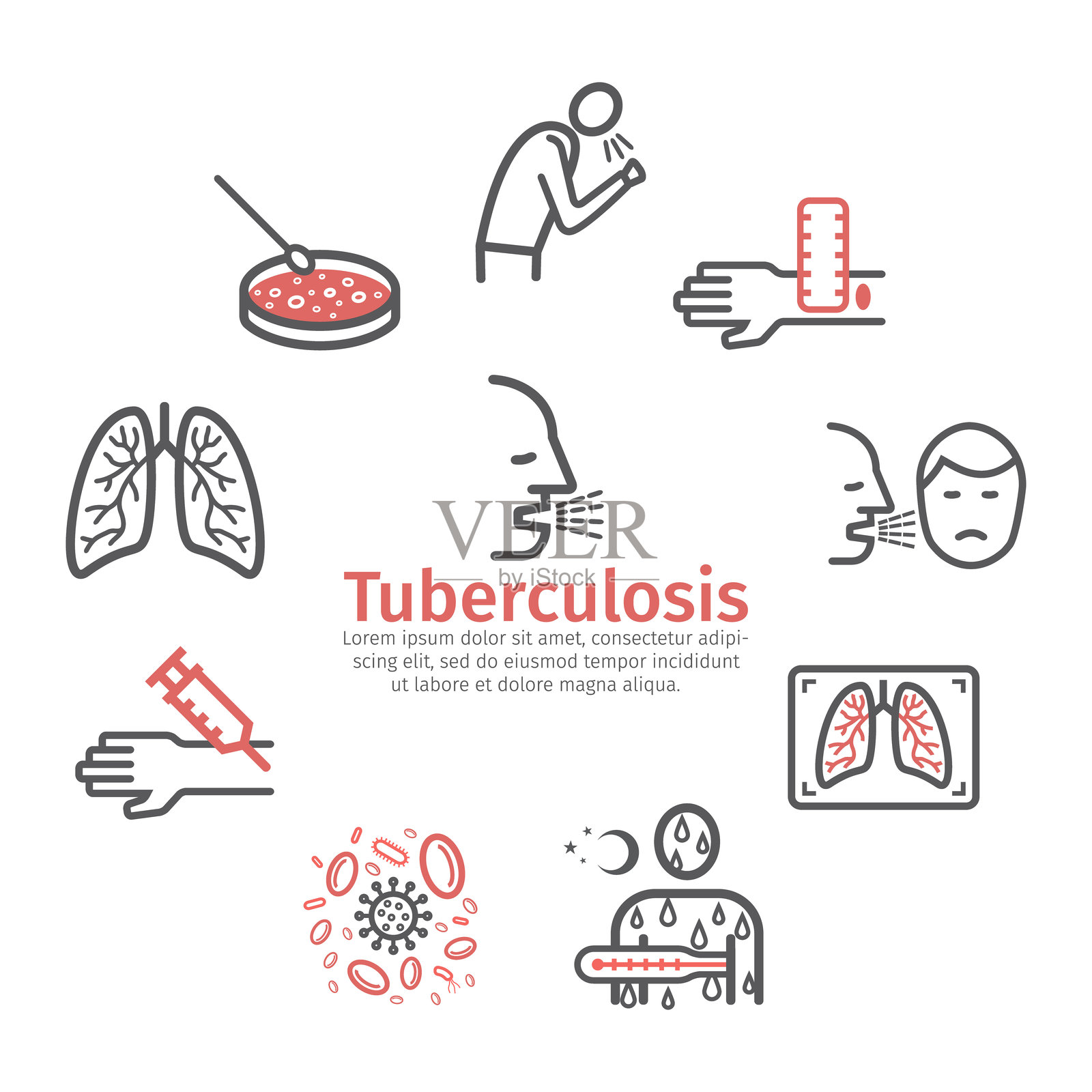 结核病横幅。症状，治疗。线图标集。用于网页图形的矢量标志。插画图片素材