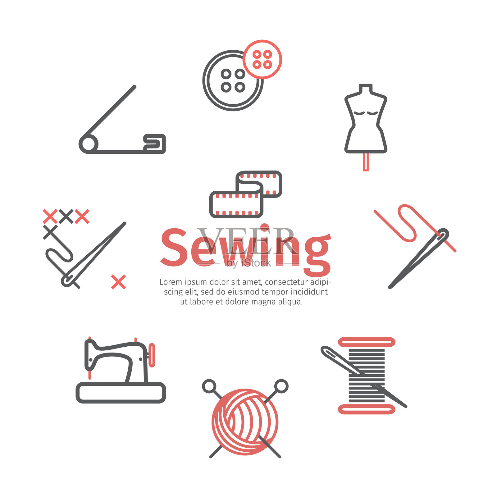 缝纫横幅、信息图、量身定制线条图标。网页图形的矢量标志。插画图片素材