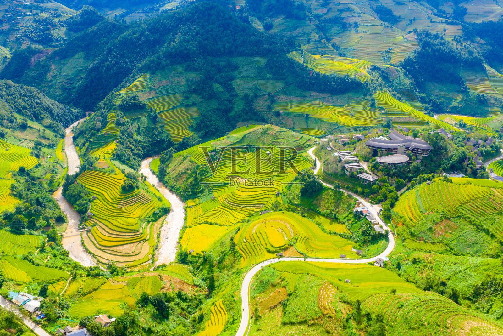 越南北部萨帕市附近的木江界镇金黄色稻田的鸟瞰图。 越南安沛省丰收季节美丽的梯田。照片摄影图片