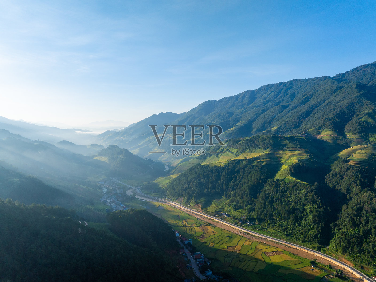 越南北部沙巴市附近的木江界镇金黄色梯田的鸟瞰图。越南安沛省丰收季美丽的梯田。照片摄影图片