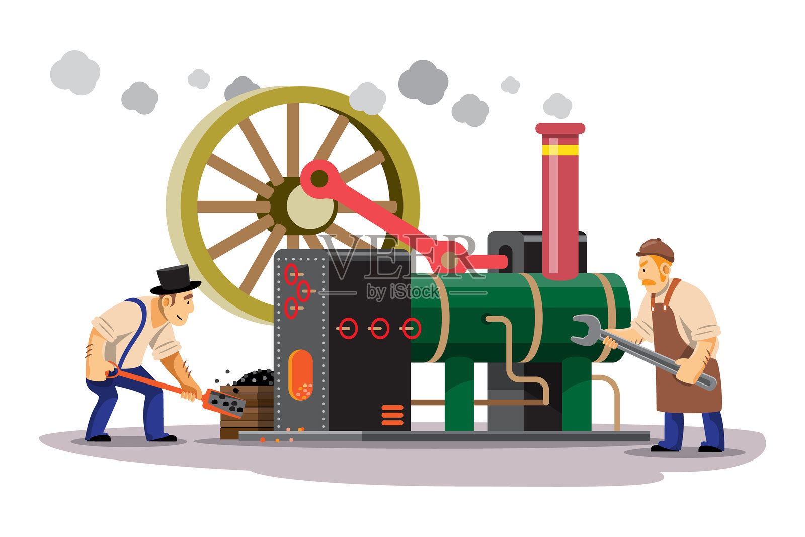 工业革命时期。人们在蒸汽机上工作。插画图片素材