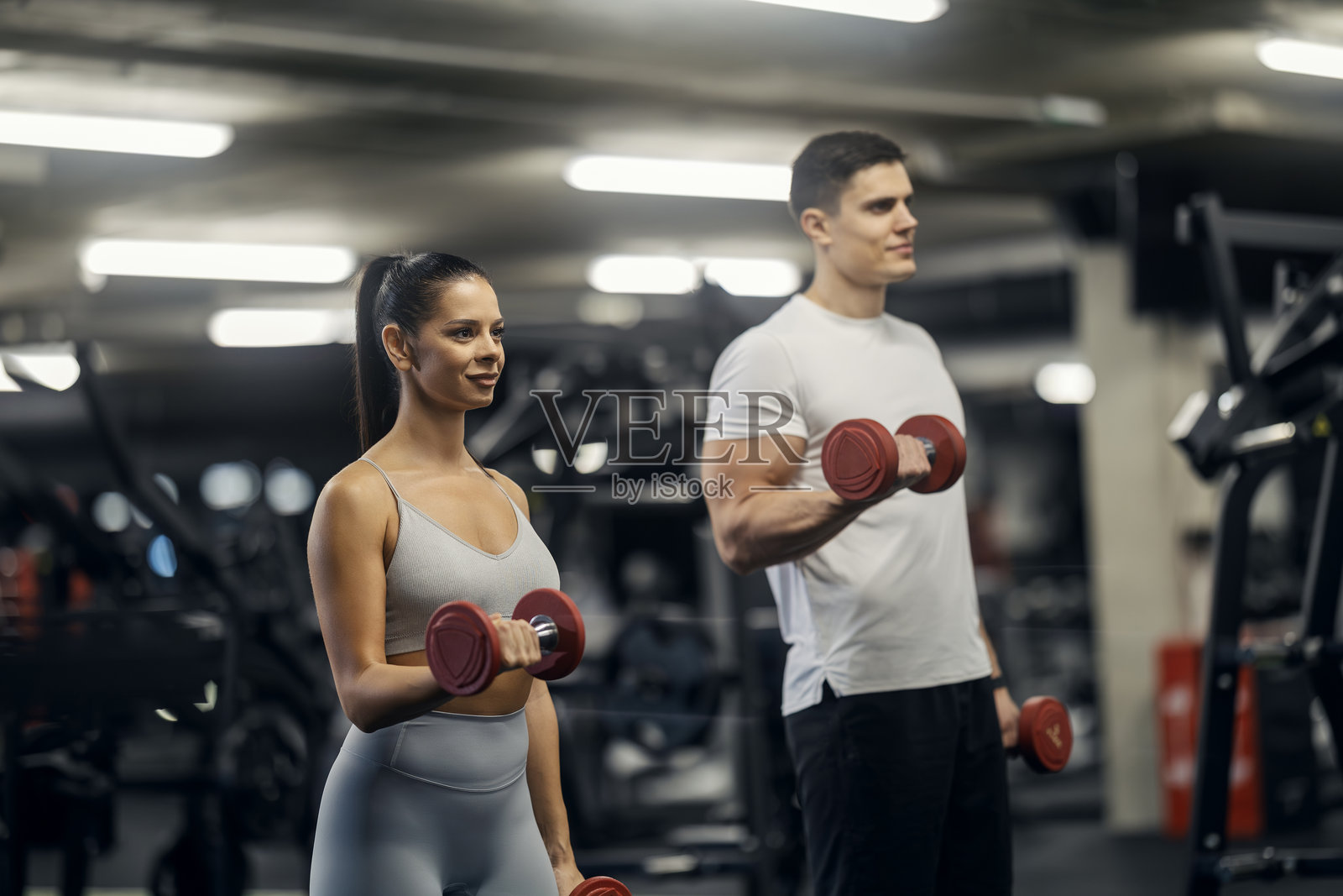 情侣在健身房用哑铃做弯举照片摄影图片