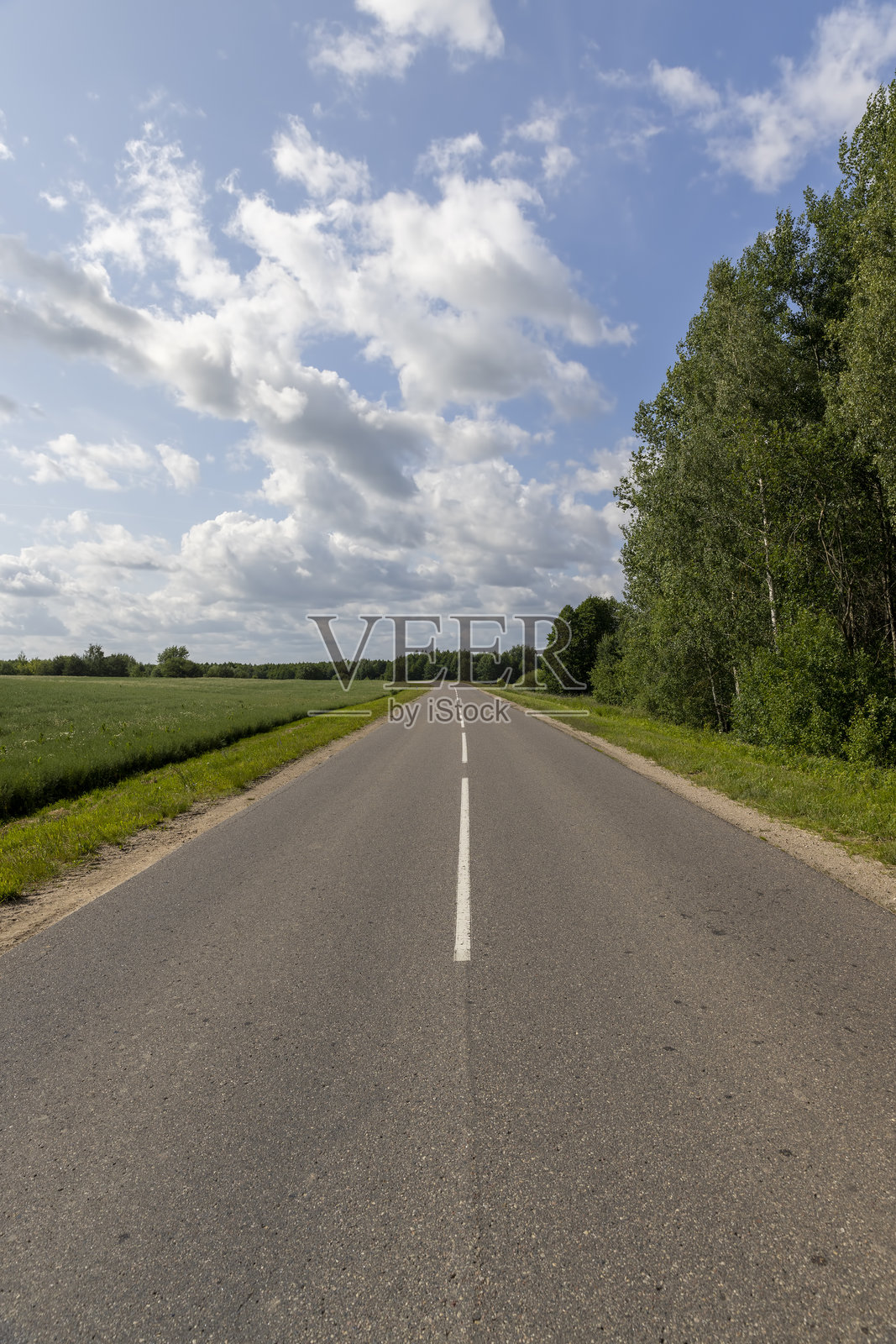 夏日多云天气下乡村的铺砌道路，天空布满云彩，一条狭窄的乡间小路铺着沥青。照片摄影图片