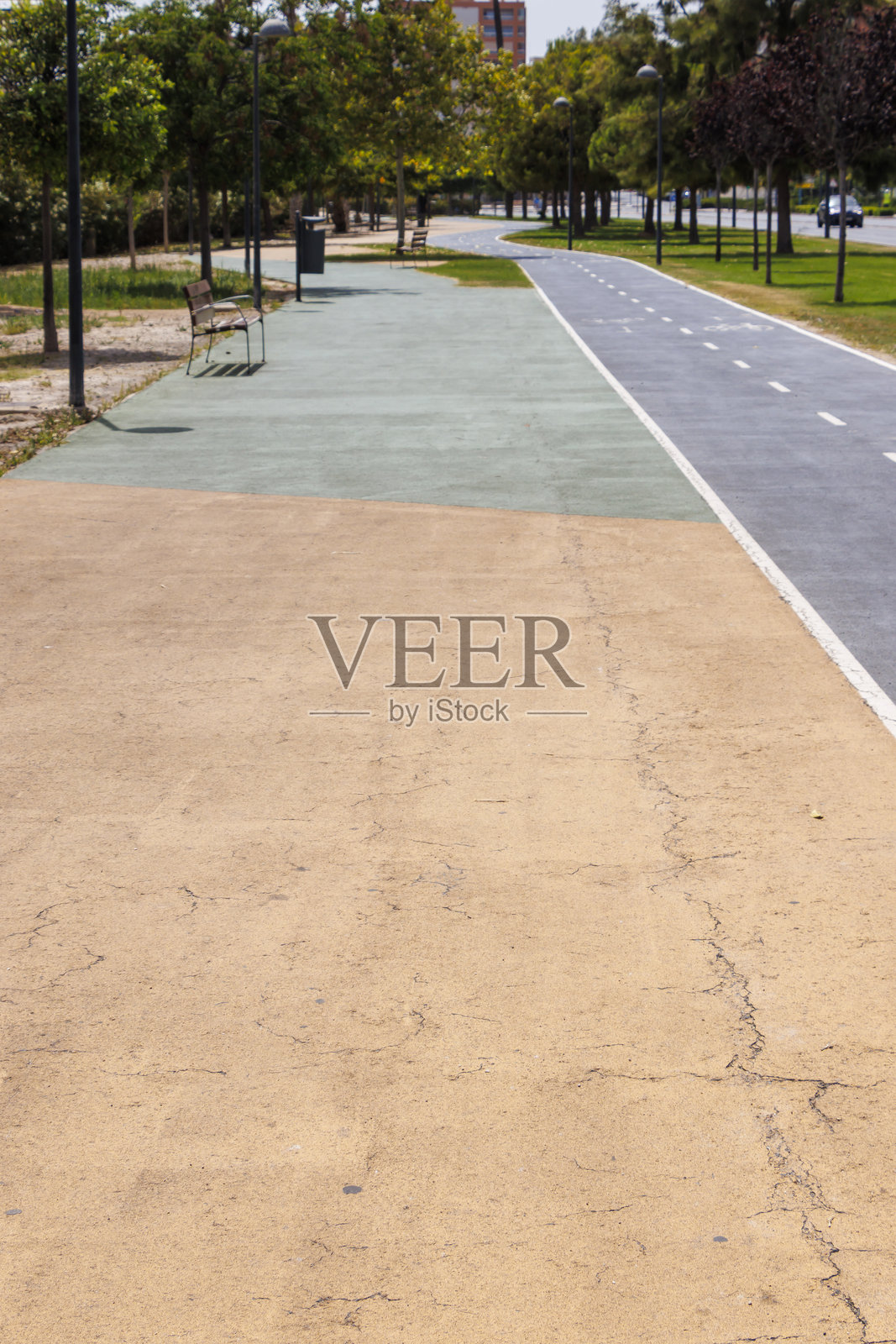 宁静的公园景象，一条宽阔平坦的小路旁是自行车道。茂密的绿植和长椅为步行者和骑行者营造了放松的氛围。照片摄影图片