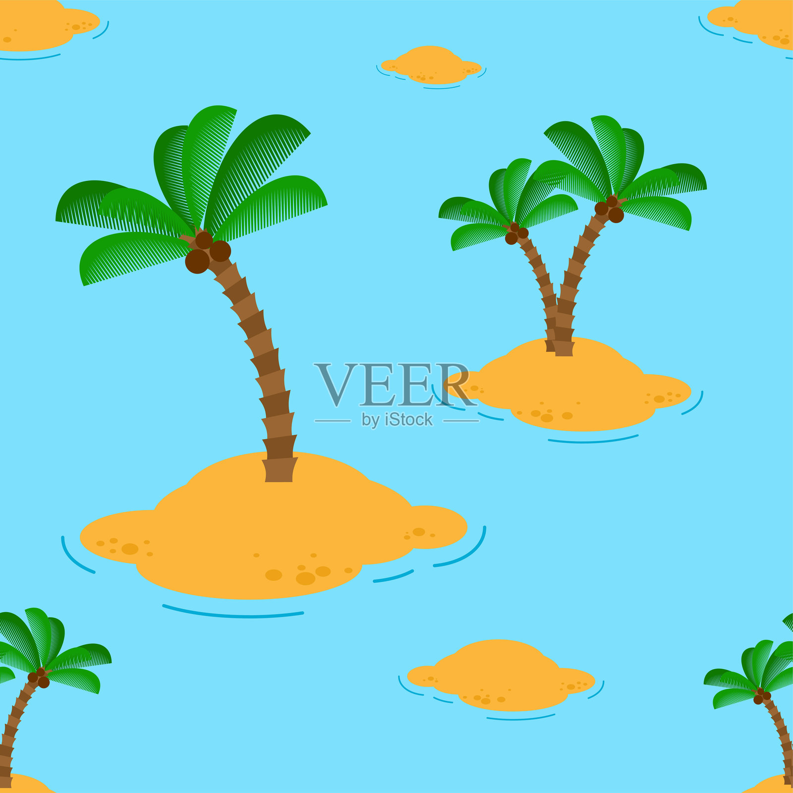 无缝热带图案，包含棕榈树和海洋中的小岛。非常适合旅行、度假、夏季、纺织品、壁纸和异国情调的设计项目。插画图片素材