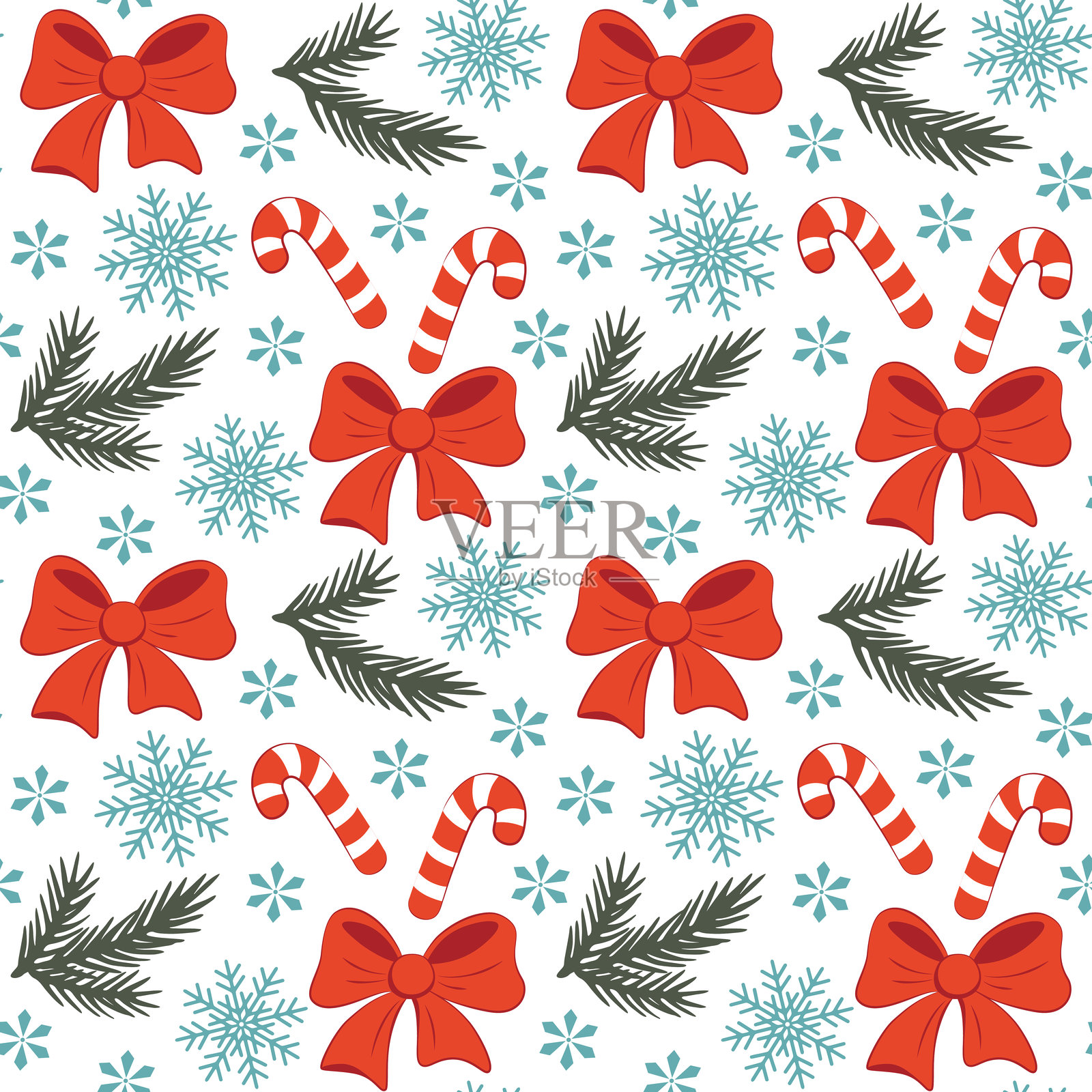 无缝圣诞图案，包含红丝带、拐杖糖、杉树枝和雪花插画图片素材