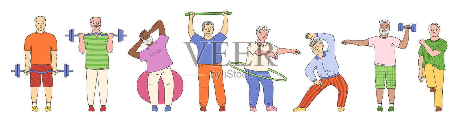 老年人运动线条集 老年男性 跑步 健身房 有氧运动 瑜伽 伸展 慢跑 矢量图插画图片素材