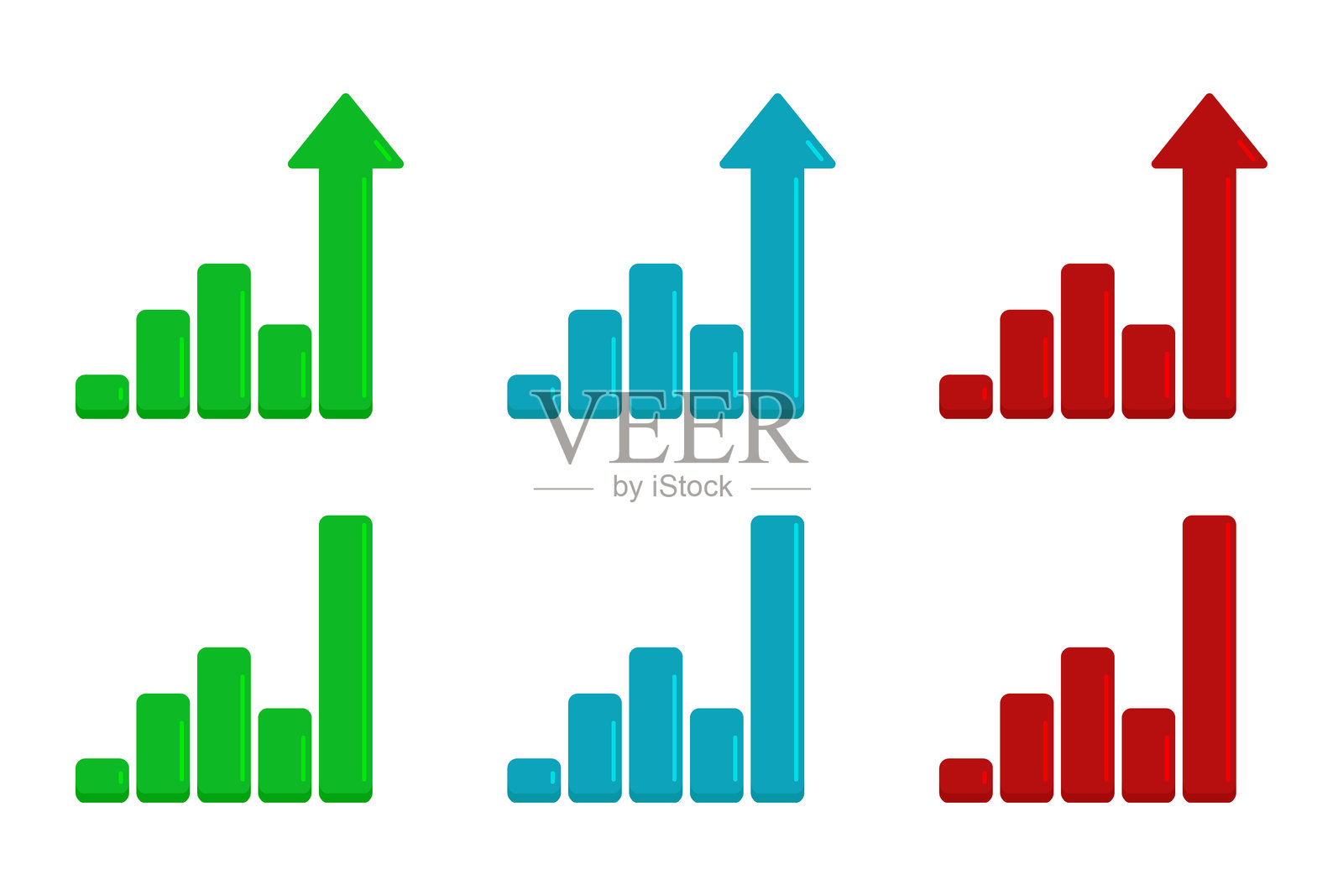 带向上箭头的绿色股票市场柱状图图标集合，孤立在白色背景上。矢量图插画图片素材