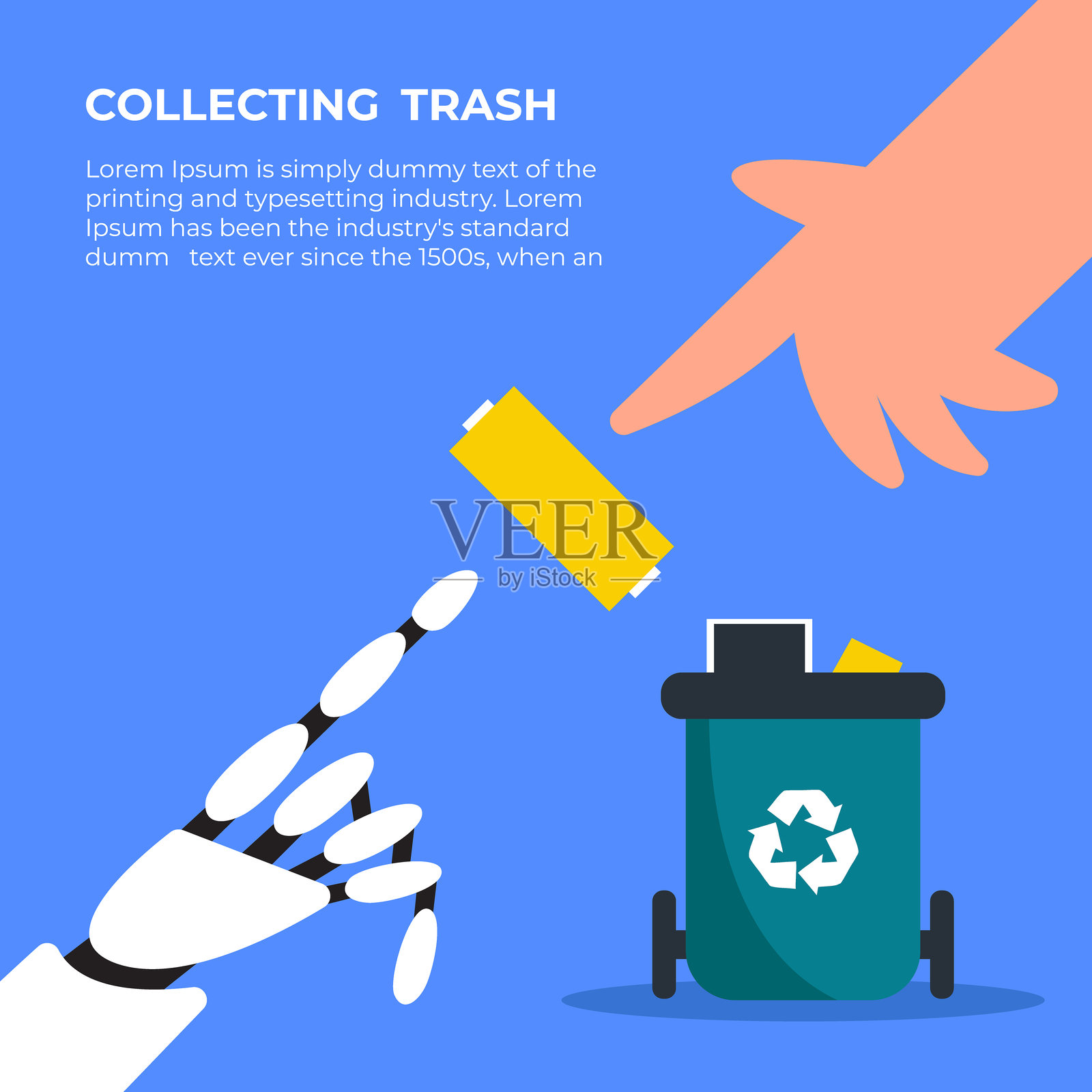 特殊垃圾箱中的各种电子垃圾，机器人和人手将垃圾扔进篮子插画图片素材