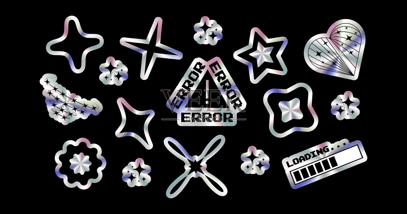 Y2K风格金属效果贴纸套装：错误、加载、星星。用于广告材料、社交网络的矢量设计元素插画图片素材