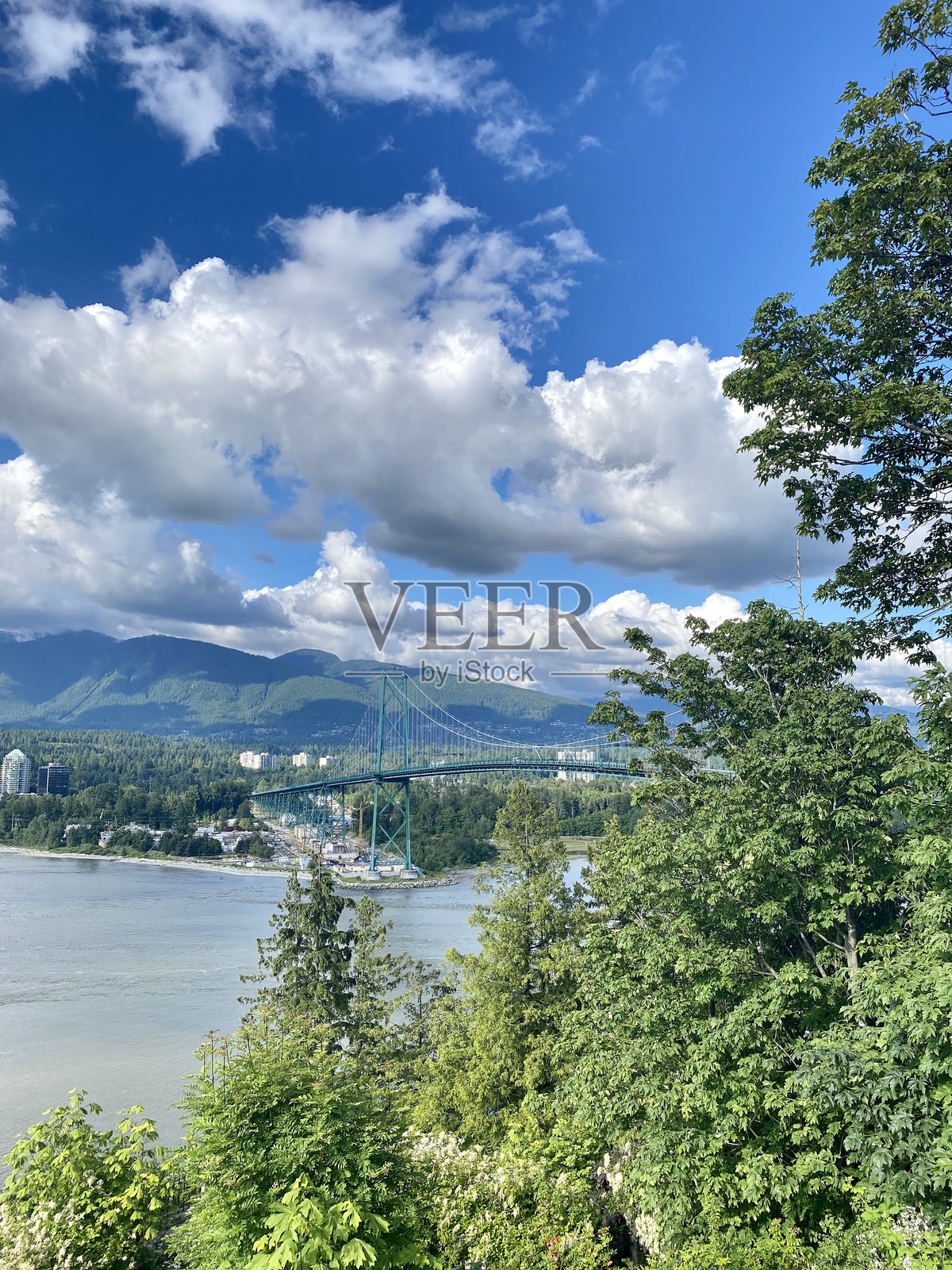 温哥华海滨，蓝天映衬着远山照片摄影图片