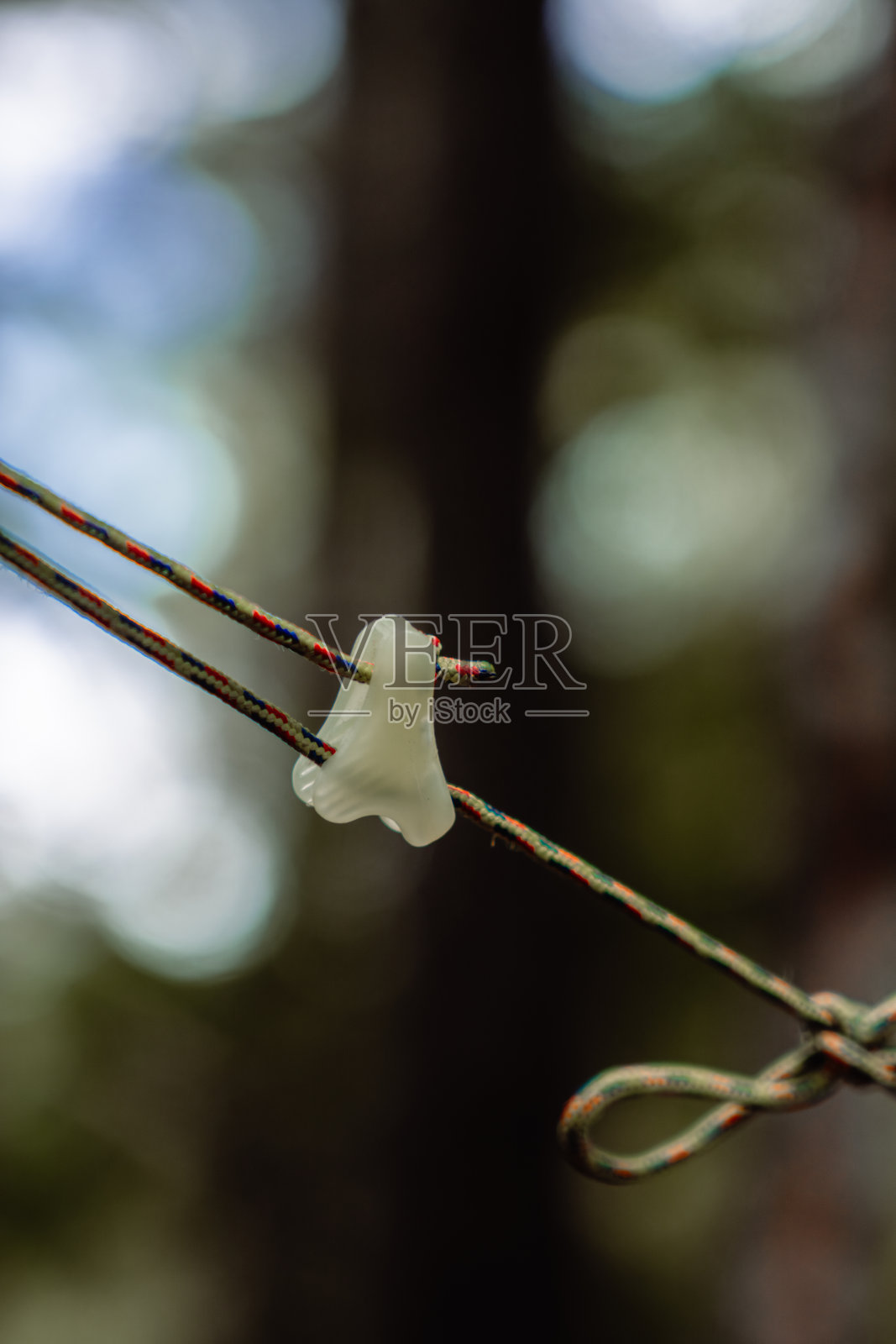 一根色彩鲜艳的伞绳上，一个发光的白色塑料绳索张紧器的垂直细节特写。照片摄影图片
