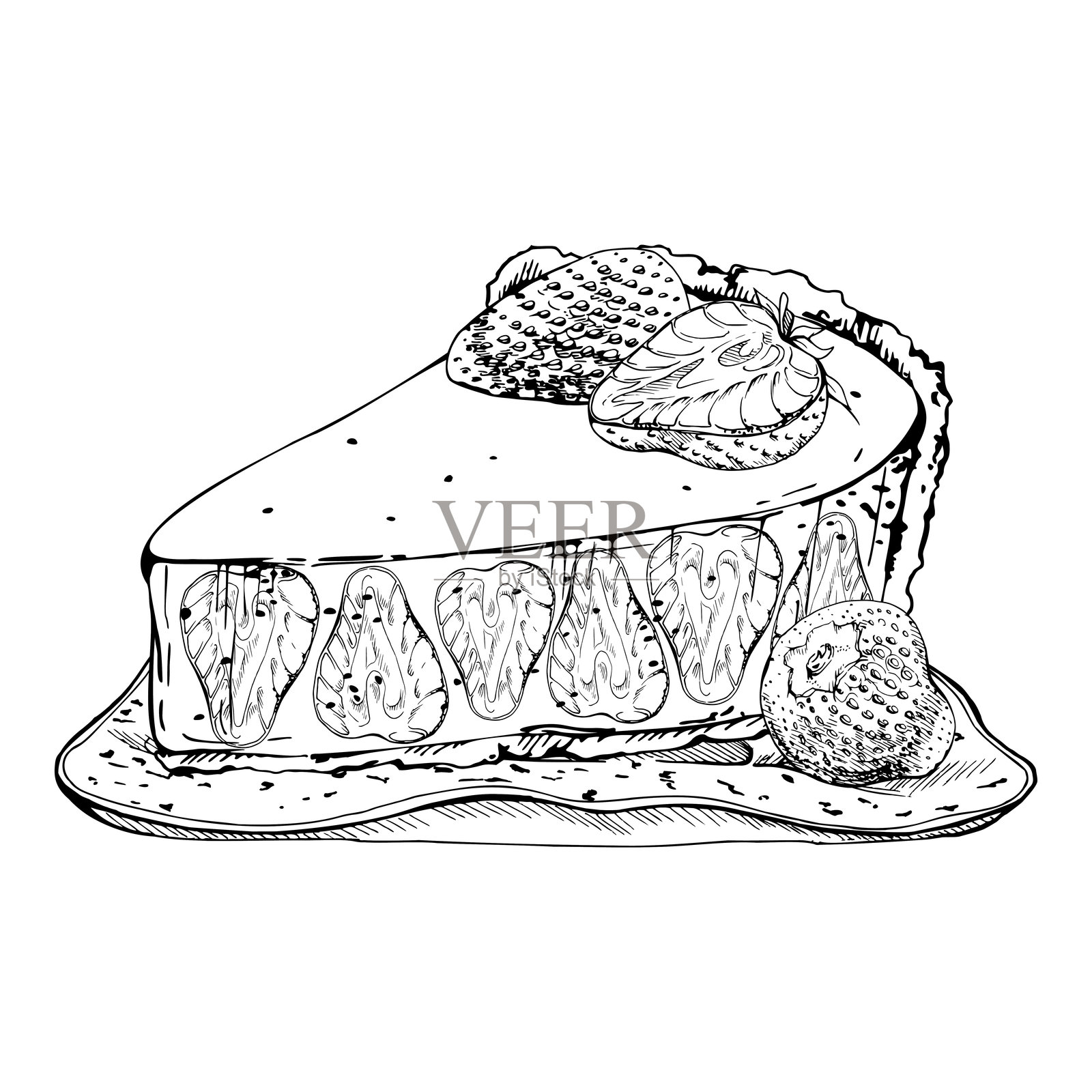 带有完整和半切草莓的芝士蛋糕切片插画图片素材