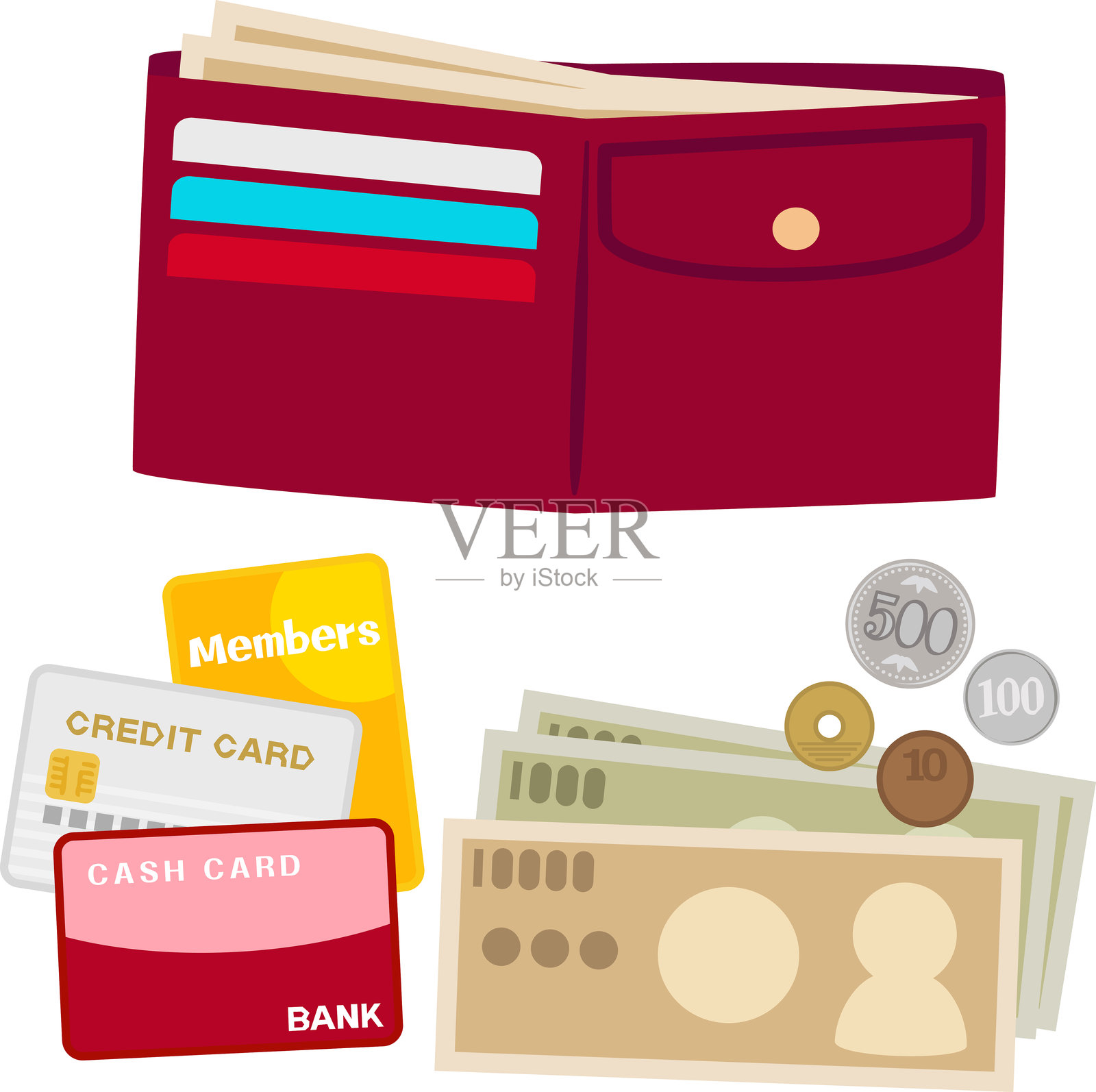 打开钱包，里面有钱和卡插画图片素材