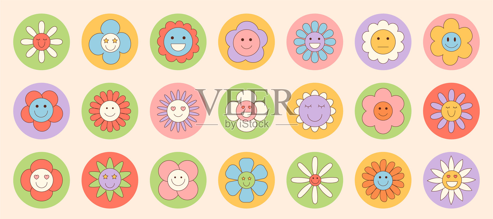 可爱的复古时髦花朵贴纸套装插画图片素材