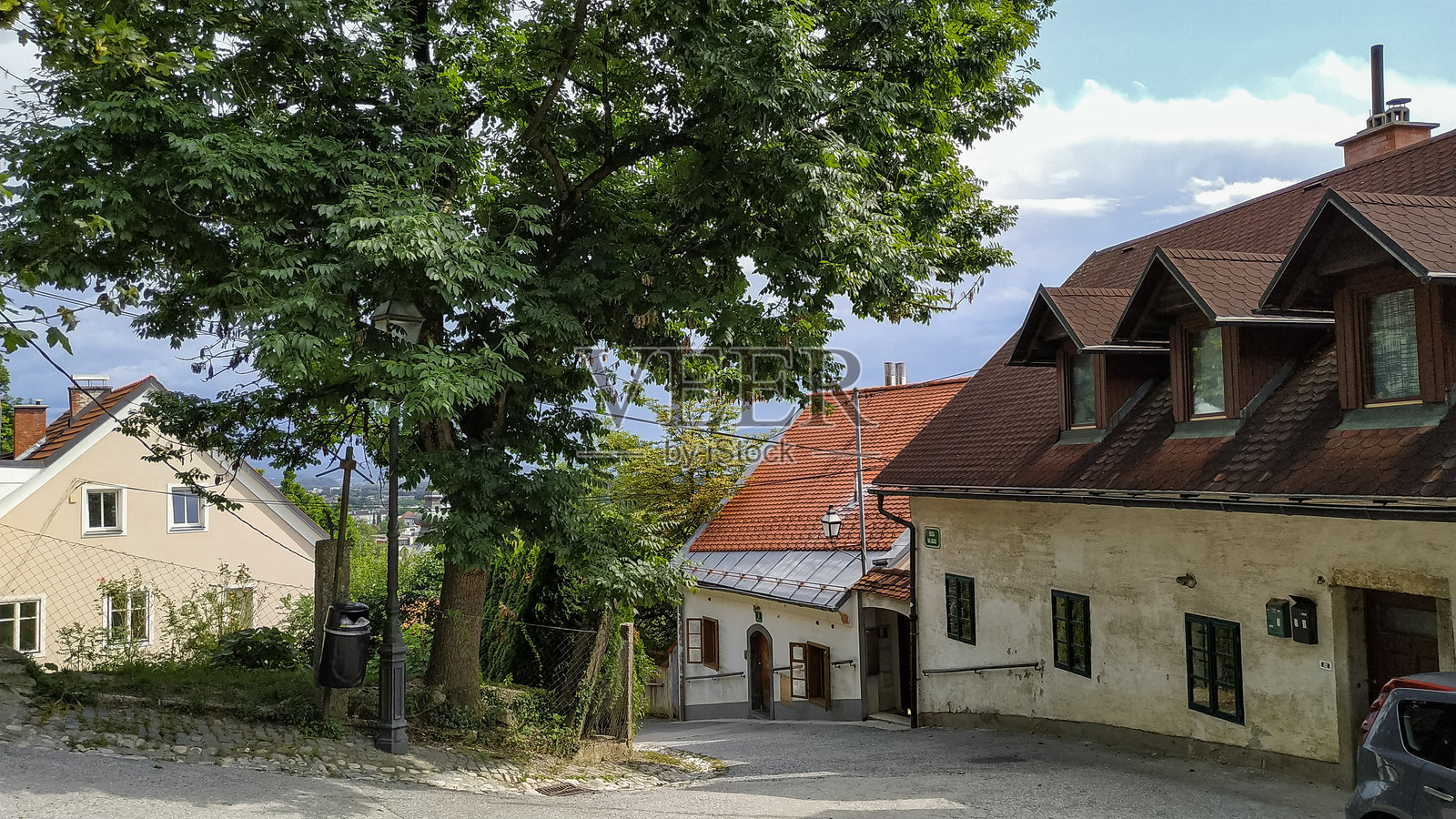 山坡村庄里绿树和传统房屋组成的迷人街景照片摄影图片