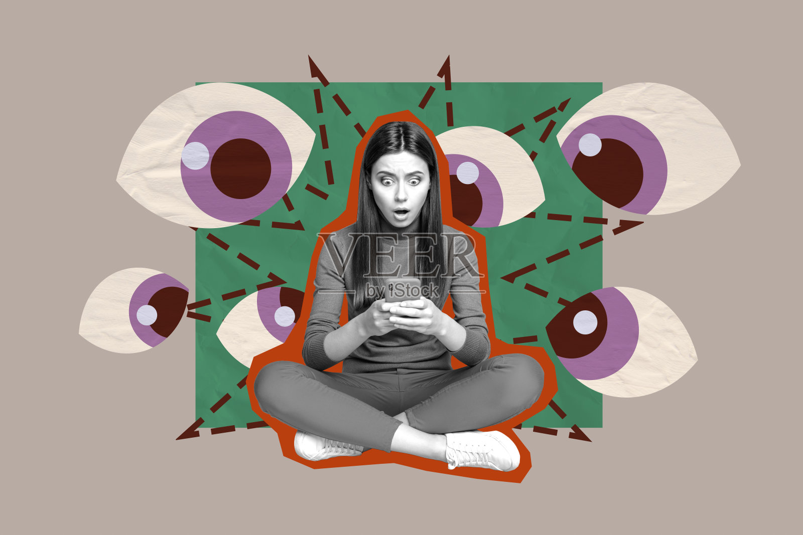 模板草图趋势艺术品 3D 照片拼贴 年轻女子震惊坐下 手持智能手机 黑客之眼 间谍 遥控器 手表 安全照片摄影图片