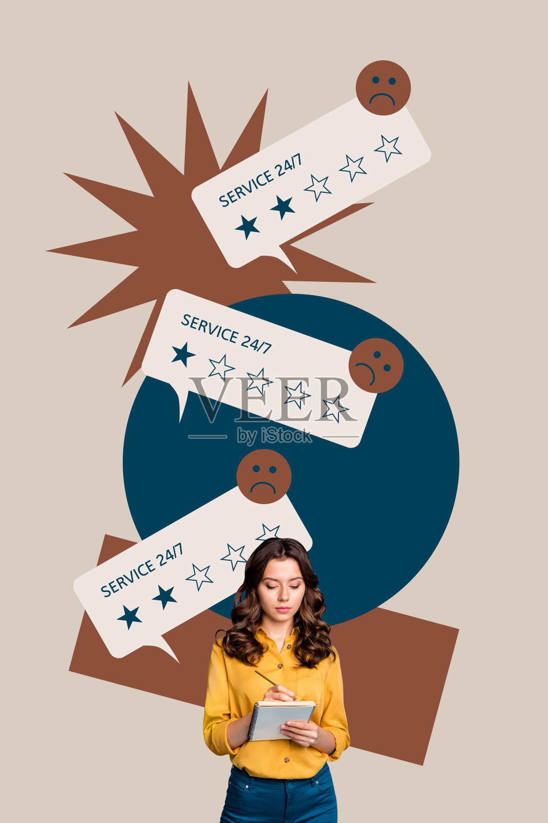 拼贴画：商务女性、男性、人物在线查看反馈信息、客户评价和五星服务体验概念照片摄影图片