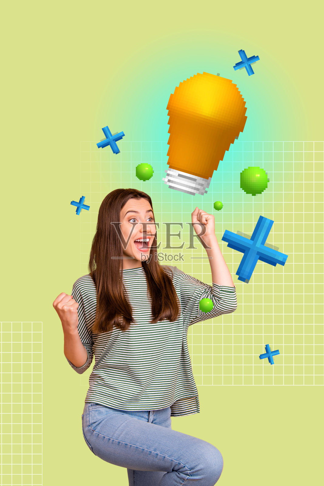 手绘波普风格的垂直拼贴画，描绘了一位快乐的商人与一位快乐的女商人在灯泡旁，象征着找到灵感和启迪。照片摄影图片