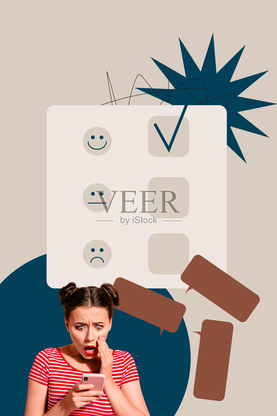 拼贴画：商务女性、男性、人物在线检查反馈信息、客户评论和五星服务体验概念照片摄影图片