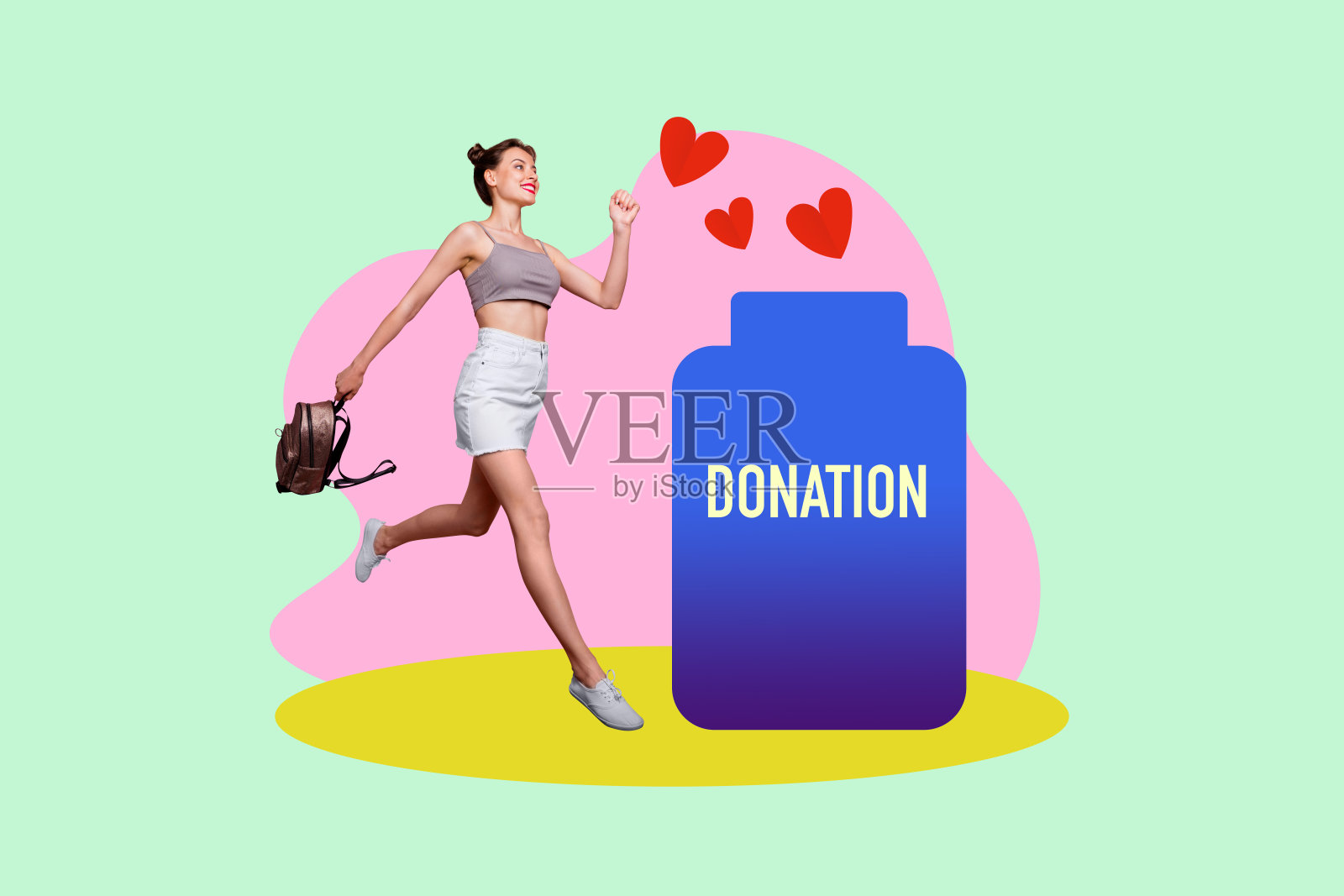 拼贴画：年轻女子和男子走向装有爱心的捐款箱，象征慈善、献血日、志愿者支持照片摄影图片