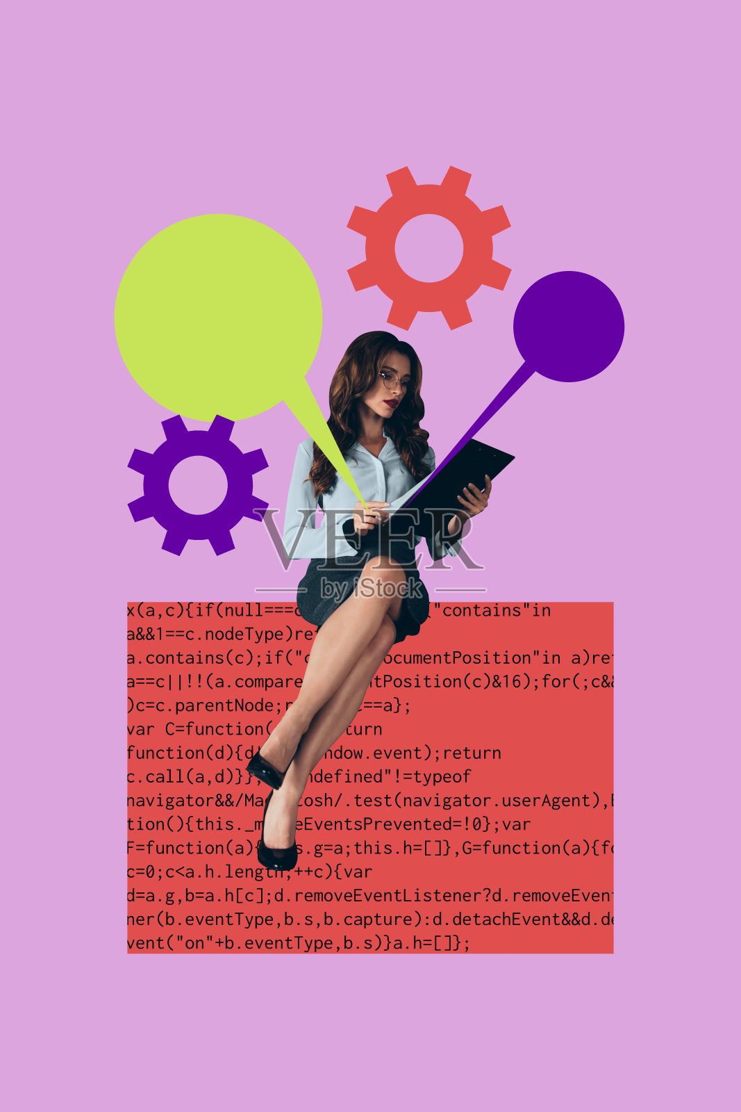 拼贴画：一位男士和一位女士站在抽象图表和编程代码前，象征着创意数字职业照片摄影图片