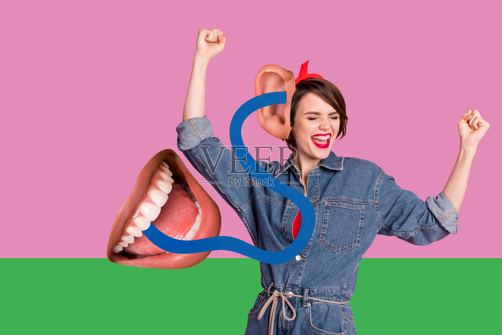 男人女人窃听超现实的说话嘴巴的拼贴画，象征着谣言、八卦和奇怪的交流照片摄影图片