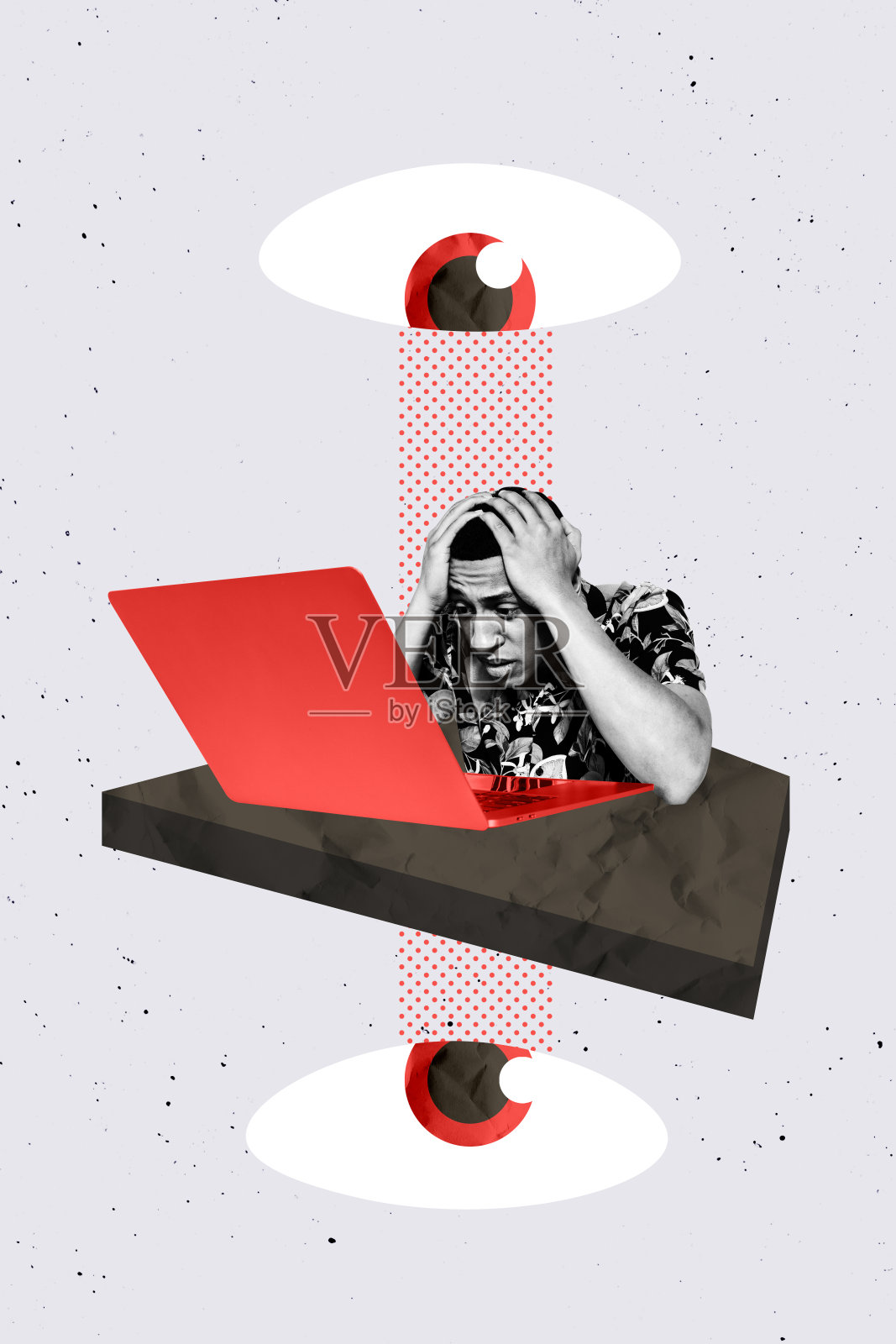 压力问题的趋势艺术草图设计拼贴，年轻男子坐着，用手捂着头，笔记本电脑，远程，网络眼睛，搜索，控制，观看，逃避照片摄影图片