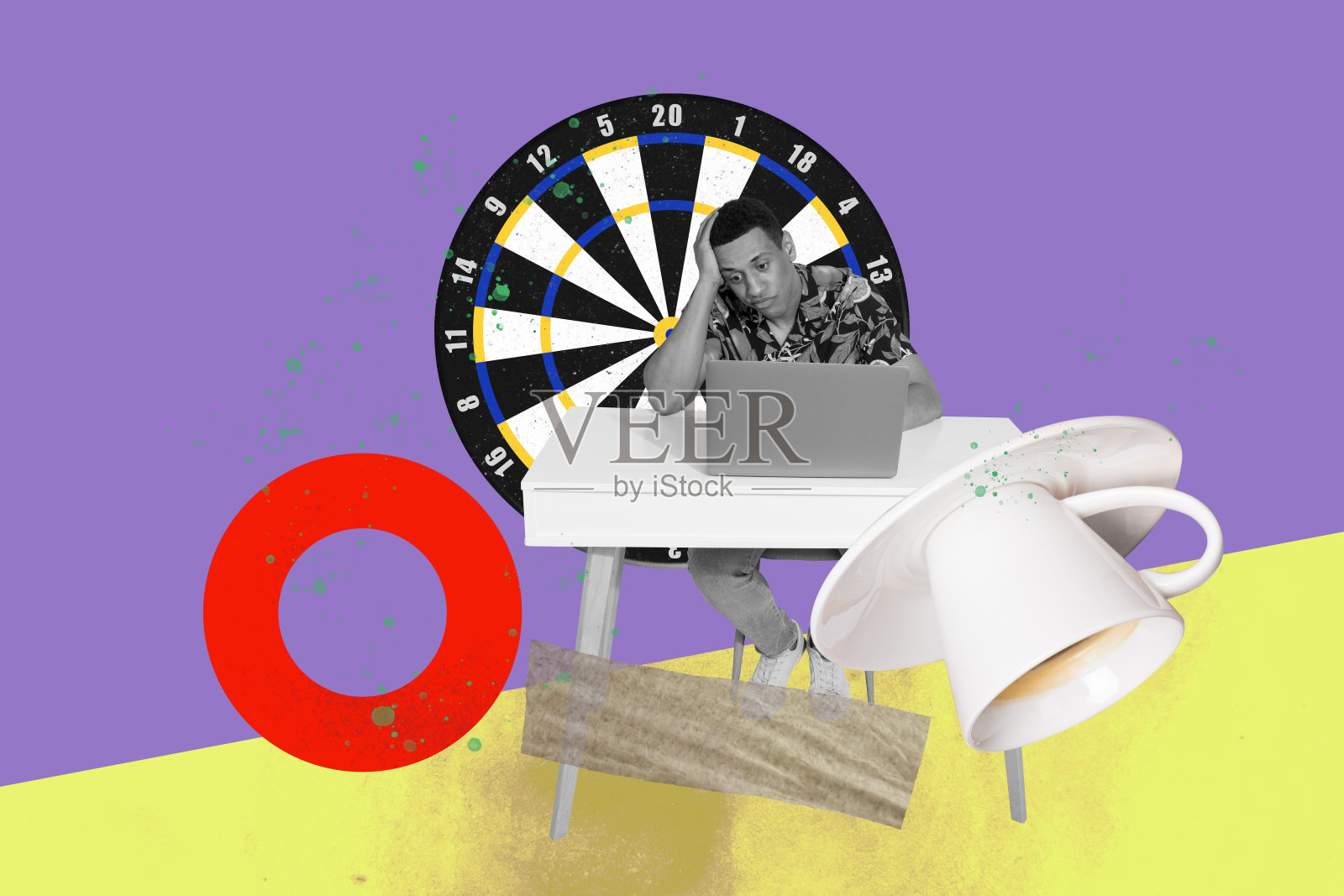 超现实拼贴画，描绘了一个自信的人，他正通过纸飞机、飞镖靶和初创公司的梦想能量来实现商业目标。照片摄影图片