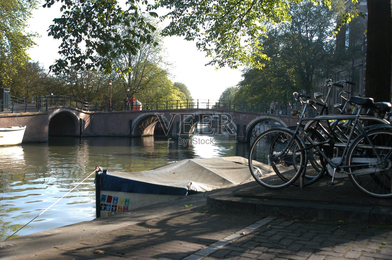 阿姆斯特丹运河桥梁、船只和自行车照片摄影图片