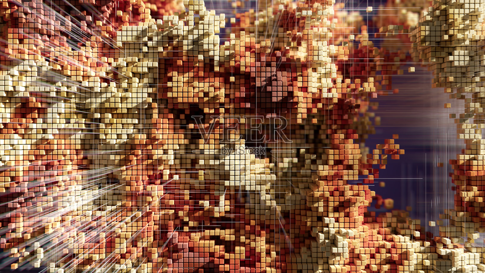 互联数字立方体：充满活力的块状网络网格、光路径和动态色彩照片摄影图片