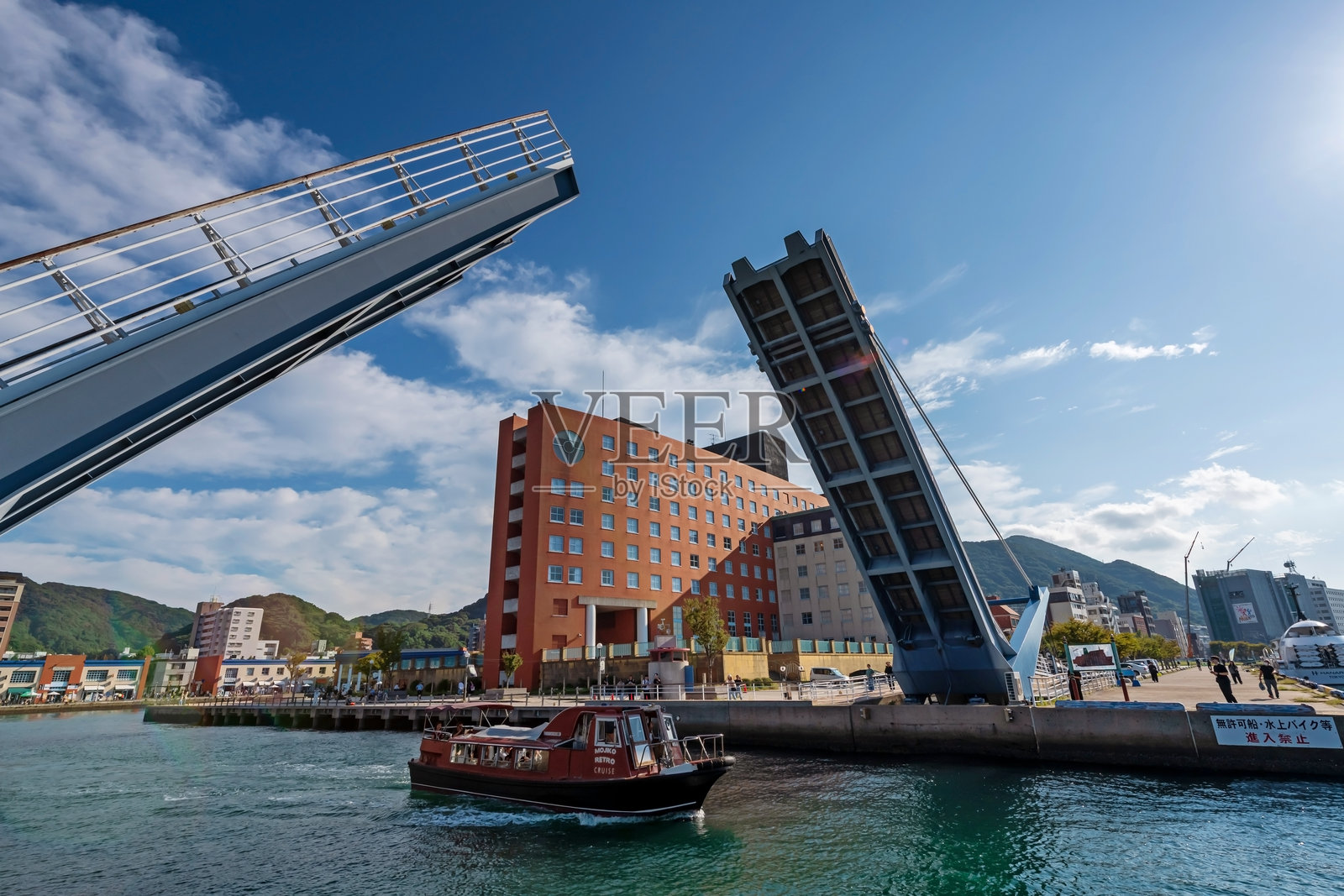 门司港怀旧游船通过，开设桥梁，北九州市门司区照片摄影图片