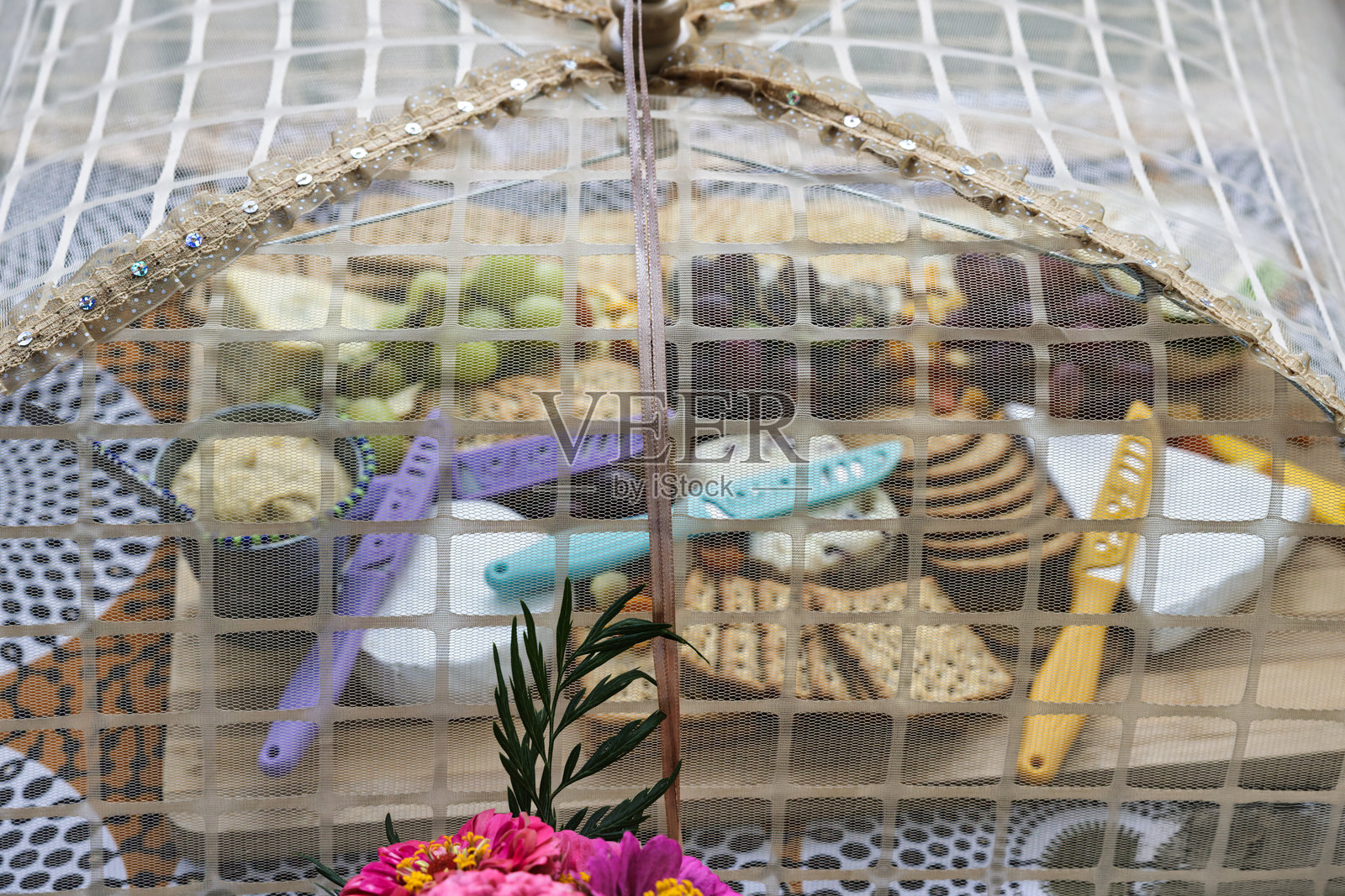 弹出式网状食物罩，奶酪板，奶酪拼盘，各种奶酪。盘子上摆满了各种小吃，包括饼干、葡萄，照片摄影图片