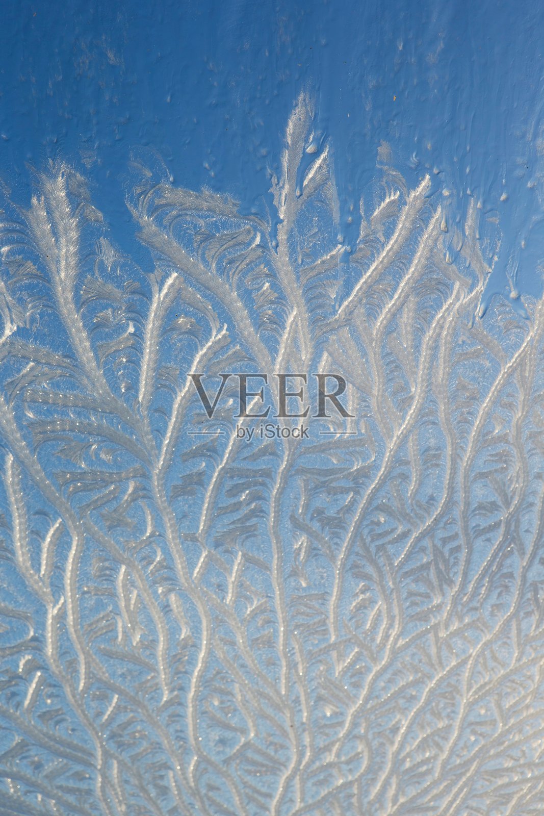 冬日结冰的窗户，霜花形成各种图案。照片摄影图片