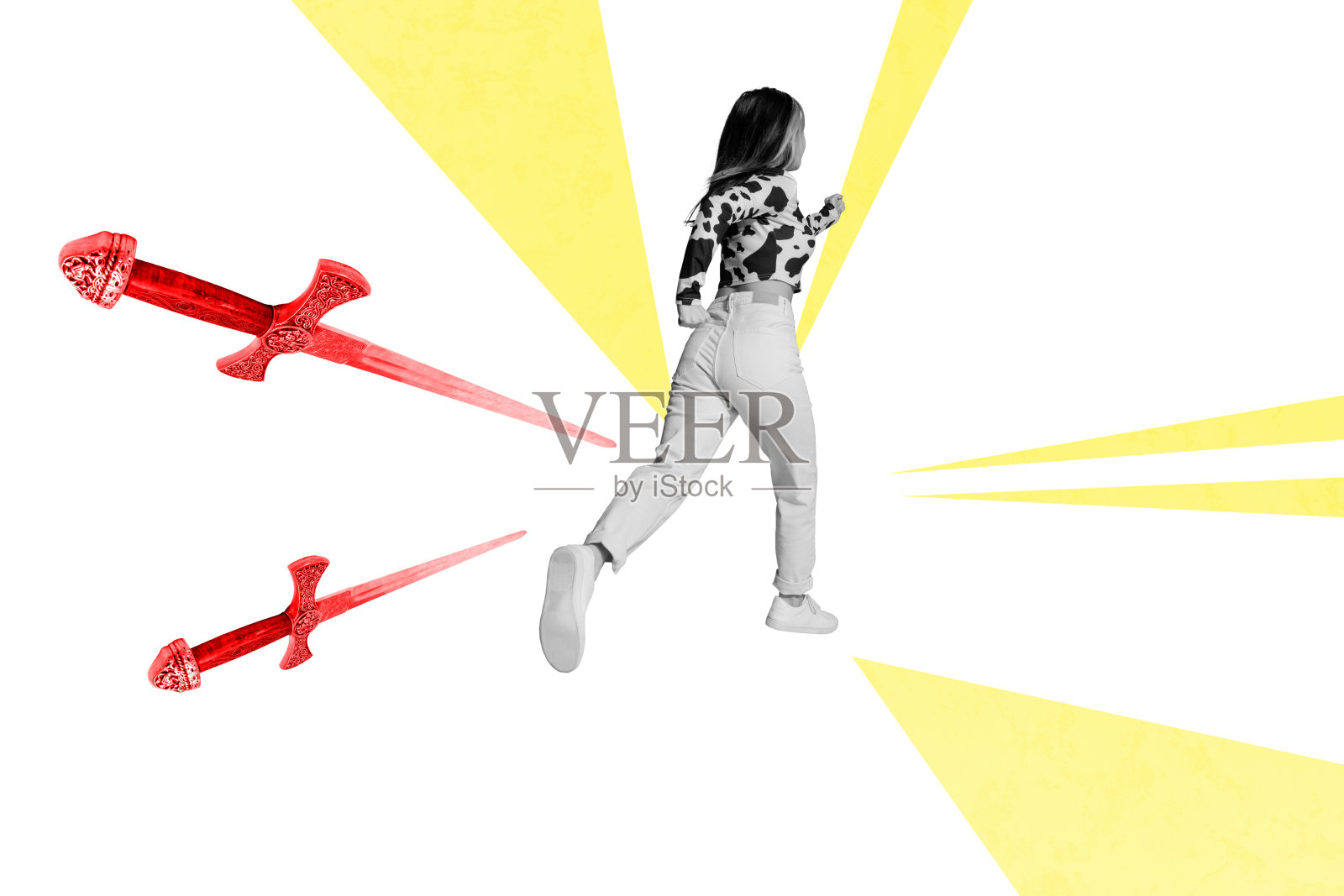 时尚横幅 3D 海报图片 拼贴画 仙女故事角色 少女 男士 金属盔甲 钢铁保护 卫兵 圣剑埃克斯卡利伯照片摄影图片