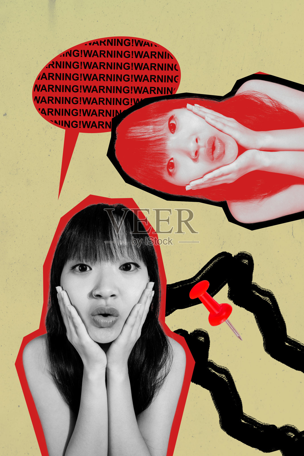 趋势艺术拼贴模板，两名年轻女性剪影的合成草图，惊叹表情符号，手捂脸，思想，反馈，警告，问题照片摄影图片