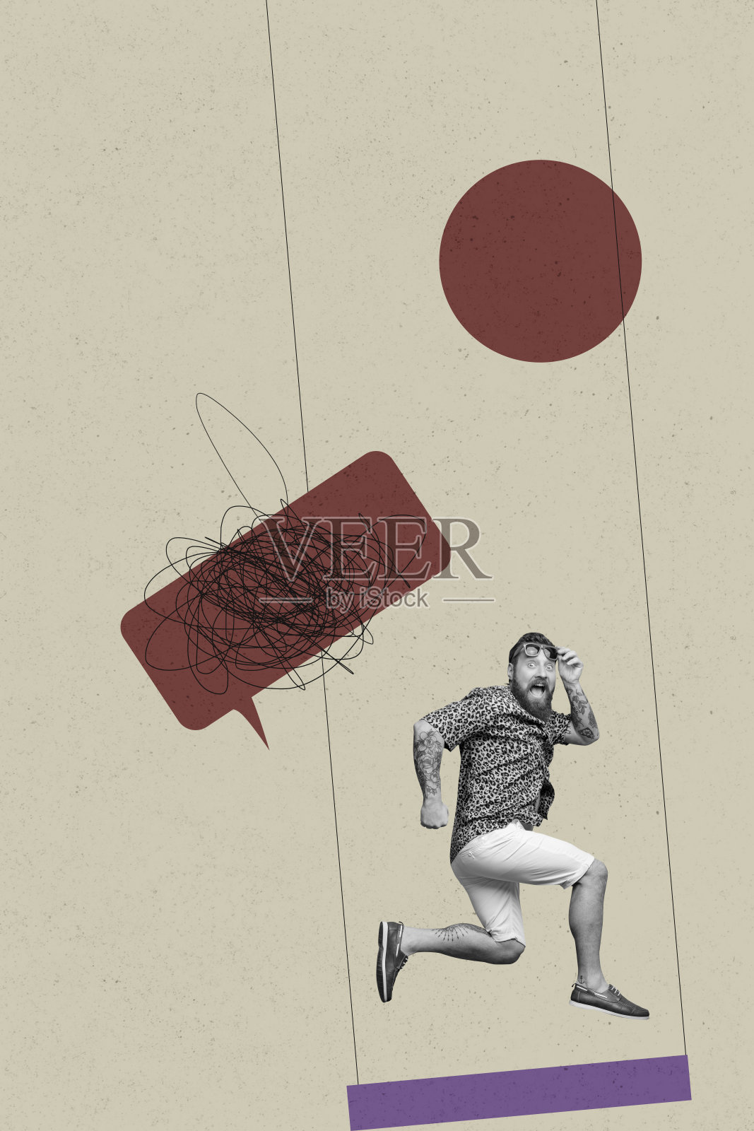 拼贴画，一人被象征在线聊天、沟通、互动和业务的消息气泡包围照片摄影图片