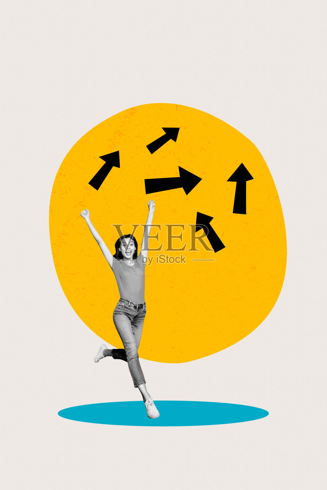 拼贴画：男人和女人分析金融数据，伴有象征增长、成功、收入、销售和购买的上升箭头照片摄影图片