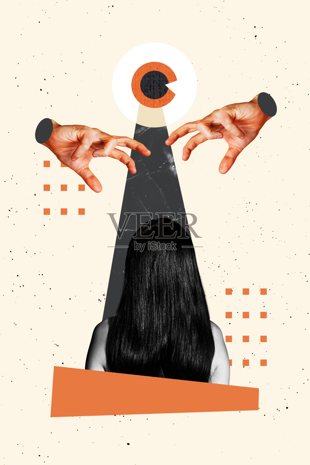 创意合成素描设计艺术拼贴，聚焦于第三只眼看见的女性，长发，手势捕捉。照片摄影图片