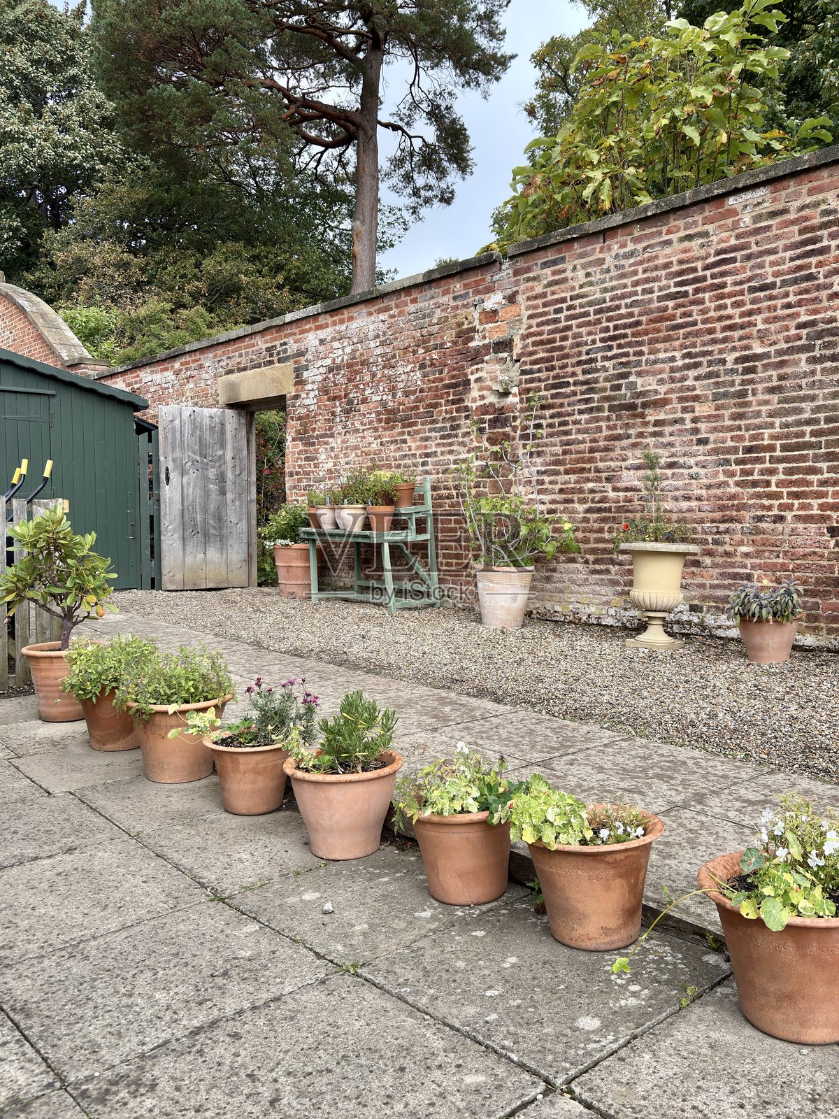 一个迷人的花园景象，陶土花盆里种满了各种植物，背景是质朴的砖墙和木门。一张小小的绿色长凳增添了乡村风格的韵味和秩序感。照片摄影图片