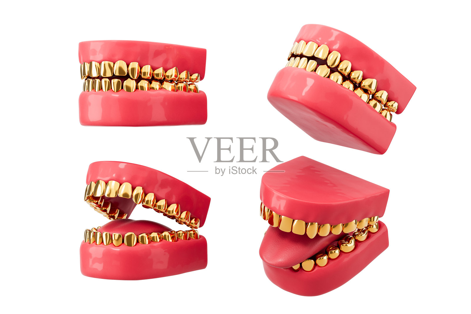 闪亮的粉色假牙，带有金牙，展示四个不同角度，背景为白色，采用光泽的3D风格，带有奢华感的幽默牙科概念。3D渲染照片摄影图片