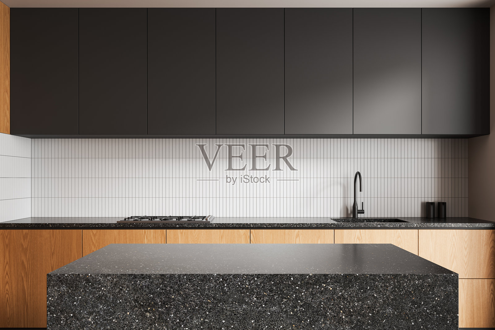 现代家居环境中的现代厨房内景，配有深色橱柜、木质装饰和极简瓷砖背景。3D渲染。3D渲染照片摄影图片