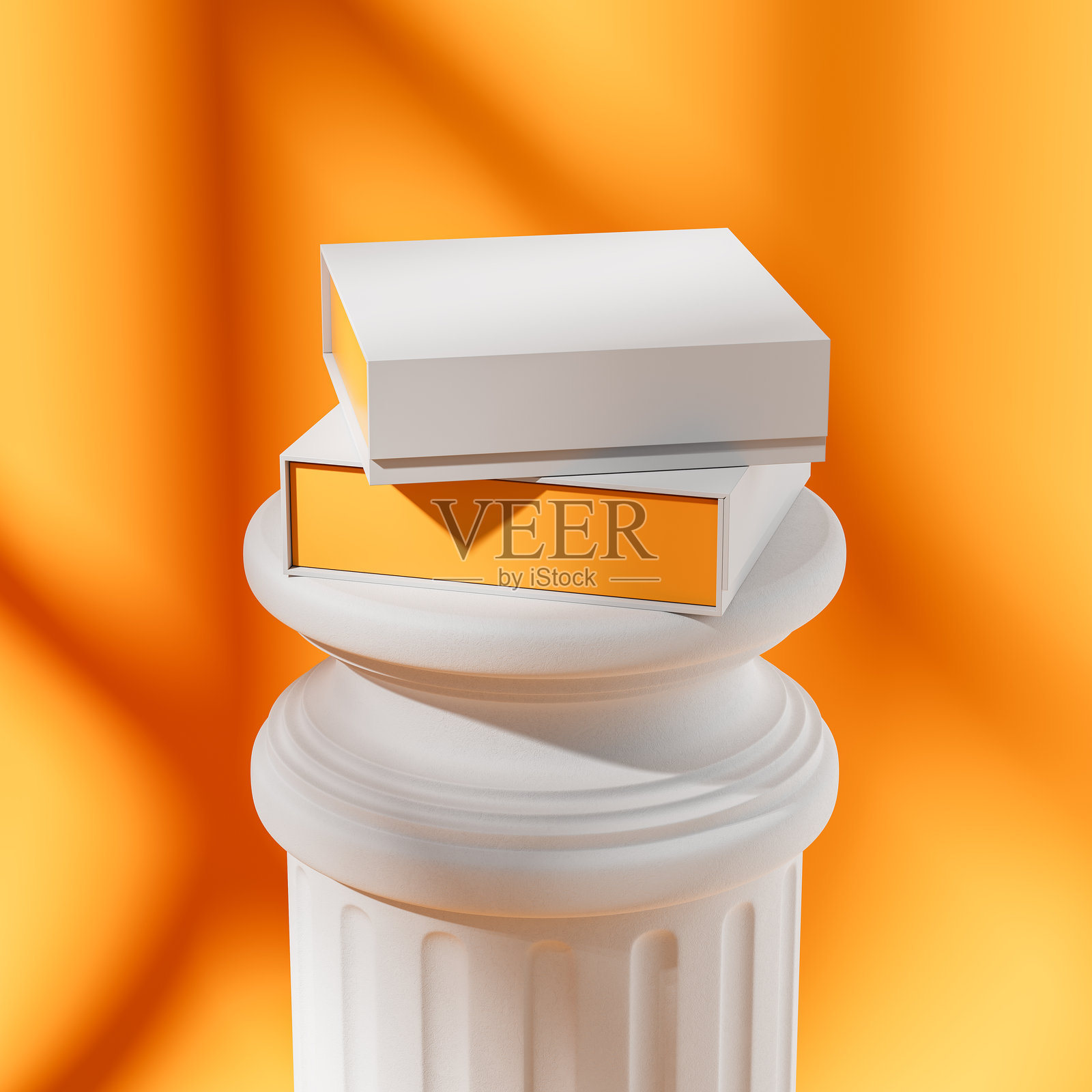 经典底座上的白色矩形产品模型盒子，侧面为橙色，展示在充满活力的橙色背景上，用于品牌展示概念。3D渲染照片摄影图片