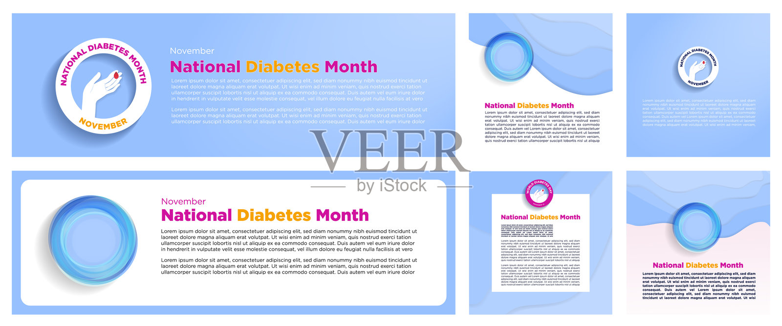 全国糖尿病月模板：血糖监测概念宣传册、社交媒体帖子、banner矢量素材插画图片素材