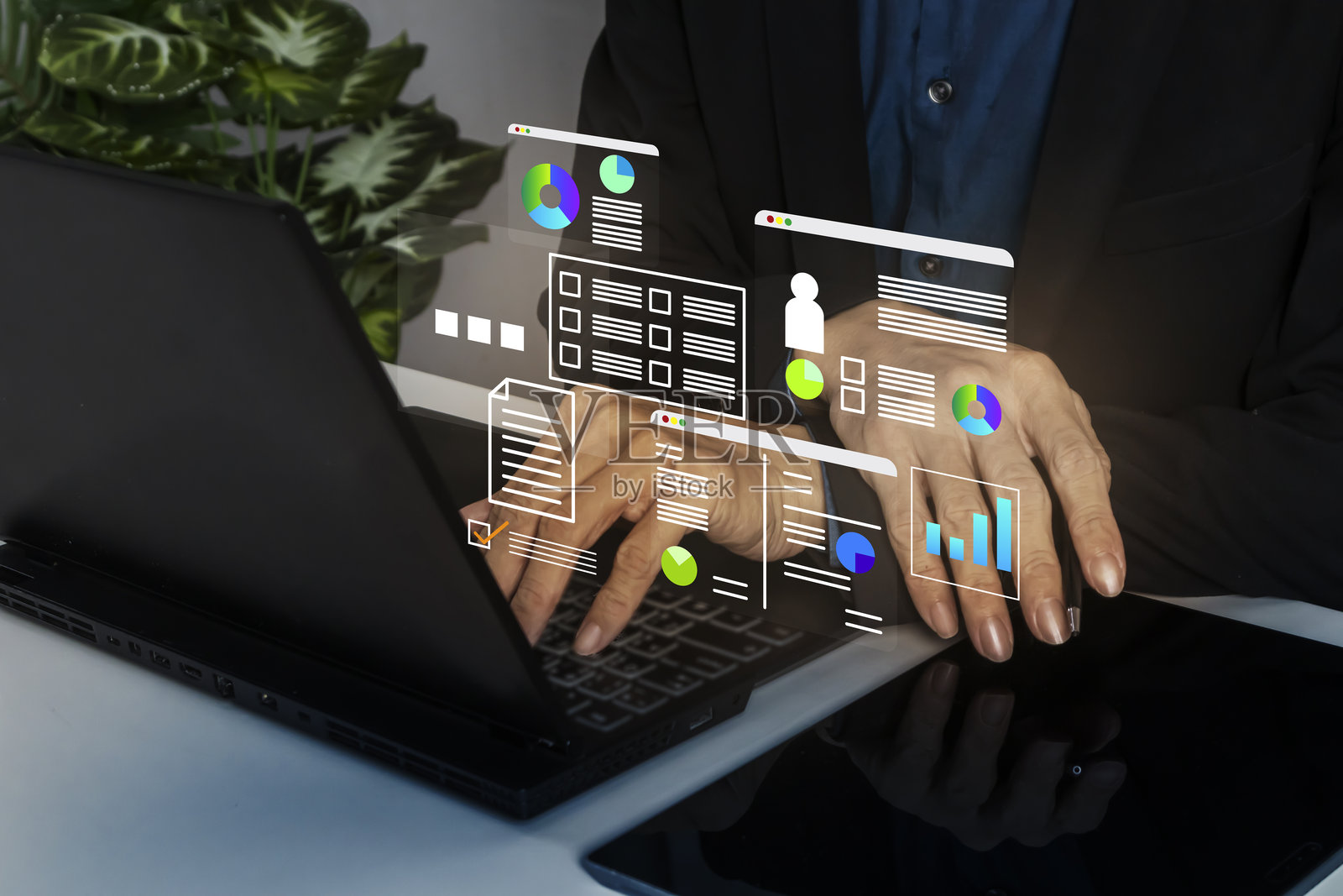 通过数字系统进行数据库管理和业务信息，以及公司规划中的统计审查。照片摄影图片