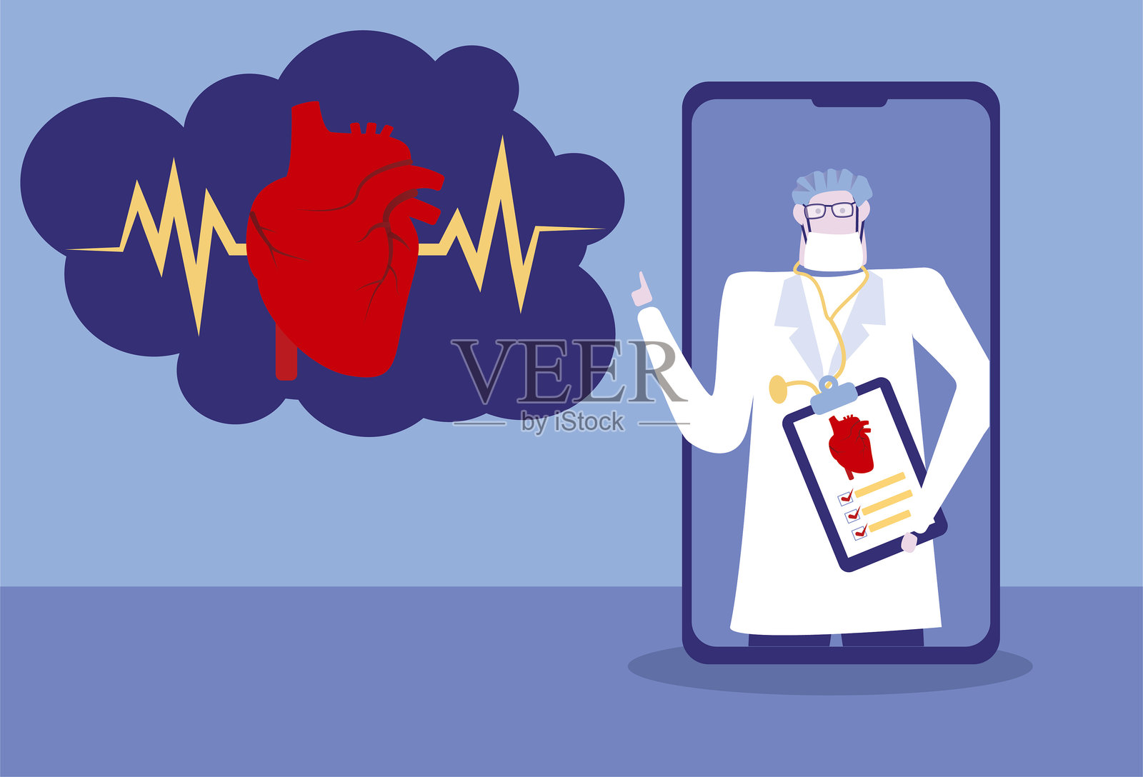 手机视频中的医生正在讲解心脏健康知识。插画图片素材