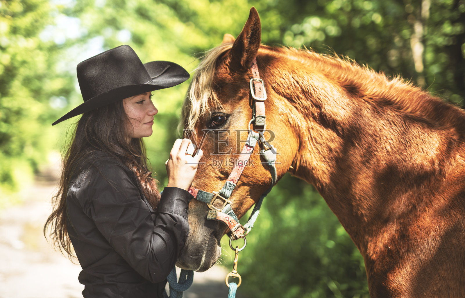 女牛仔在夏季站在马匹旁照片摄影图片